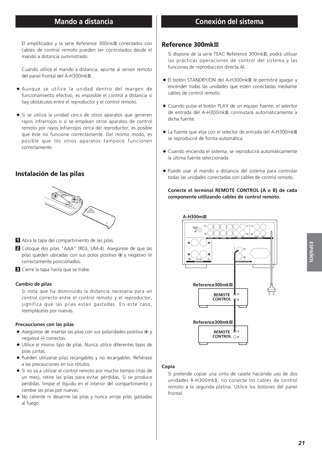 Teac A-H300mkIII owner manual Mando a distancia, Conexión del sistema, Instalación de las pilas 