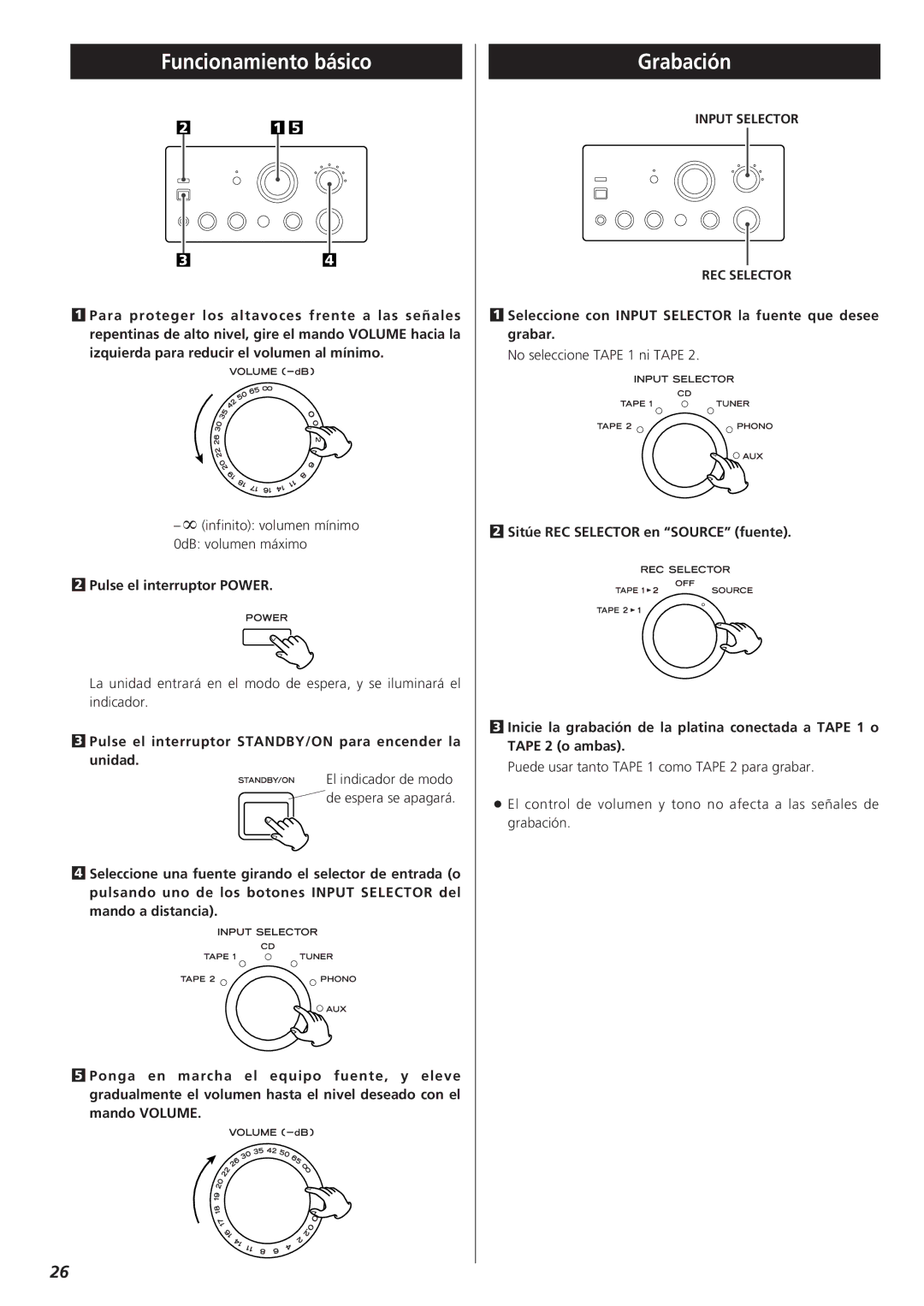 Teac A-H300mkIII owner manual Funcionamiento básico, Grabación, Pulse el interruptor Power 