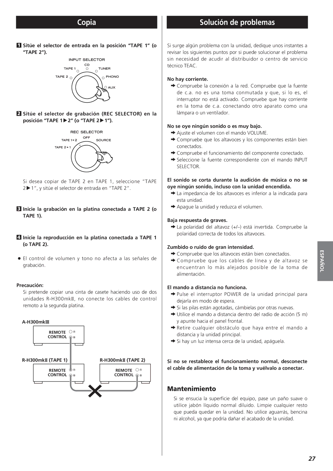 Teac A-H300mkIII owner manual Copia, Solución de problemas, Mantenimiento 