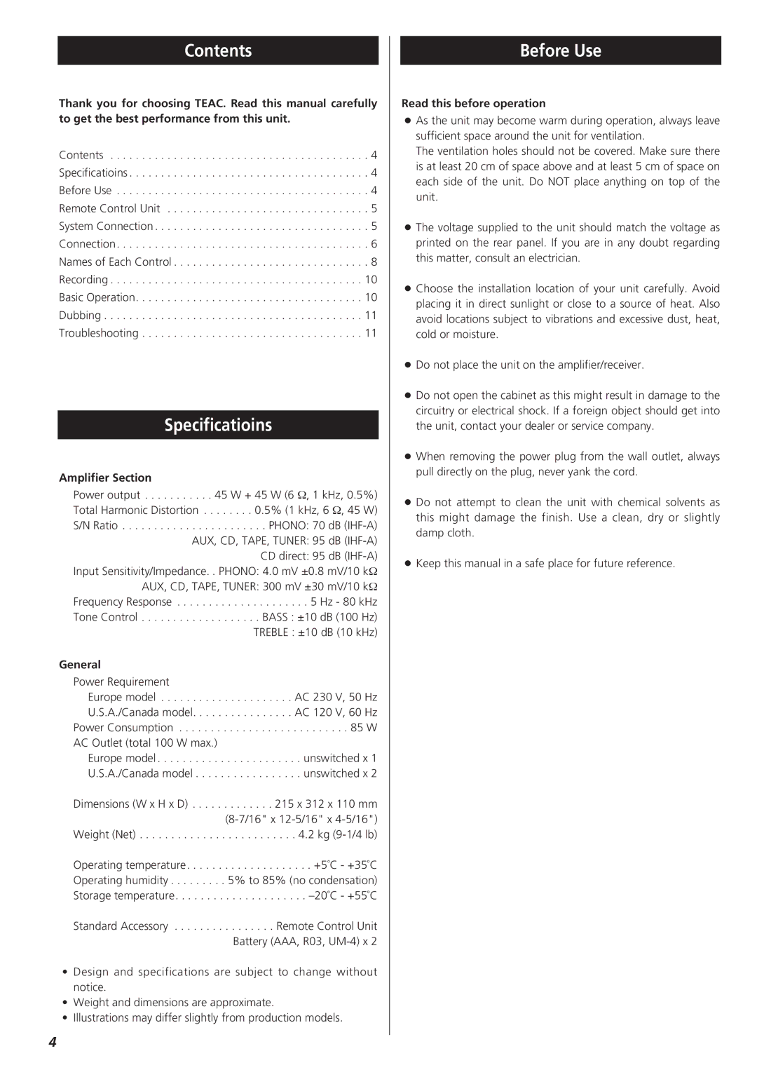 Teac A-H300mkIII owner manual Contents, Specificatioins, Before Use 