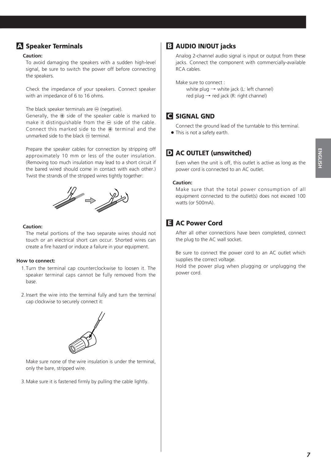 Teac A-H300mkIII owner manual Speaker Terminals, Audio IN/OUT jacks, AC Outlet unswitched, AC Power Cord, How to connect 