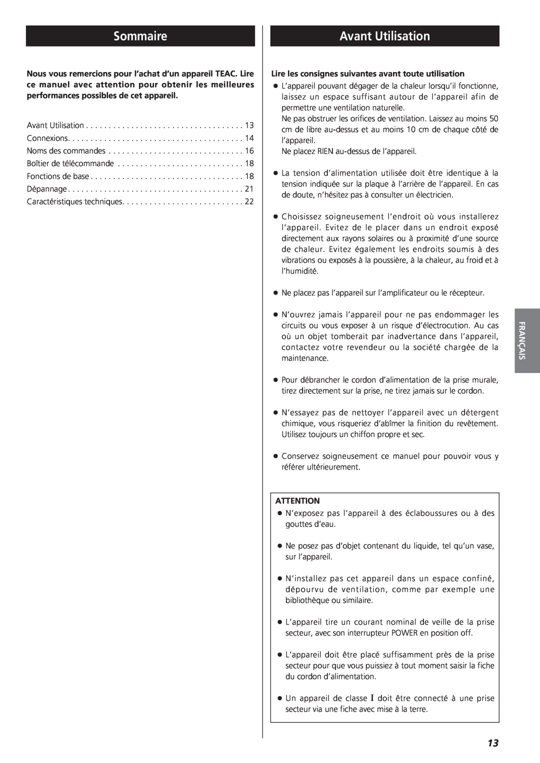 Teac A-R610 owner manual Sommaire, Avant Utilisation, Français 