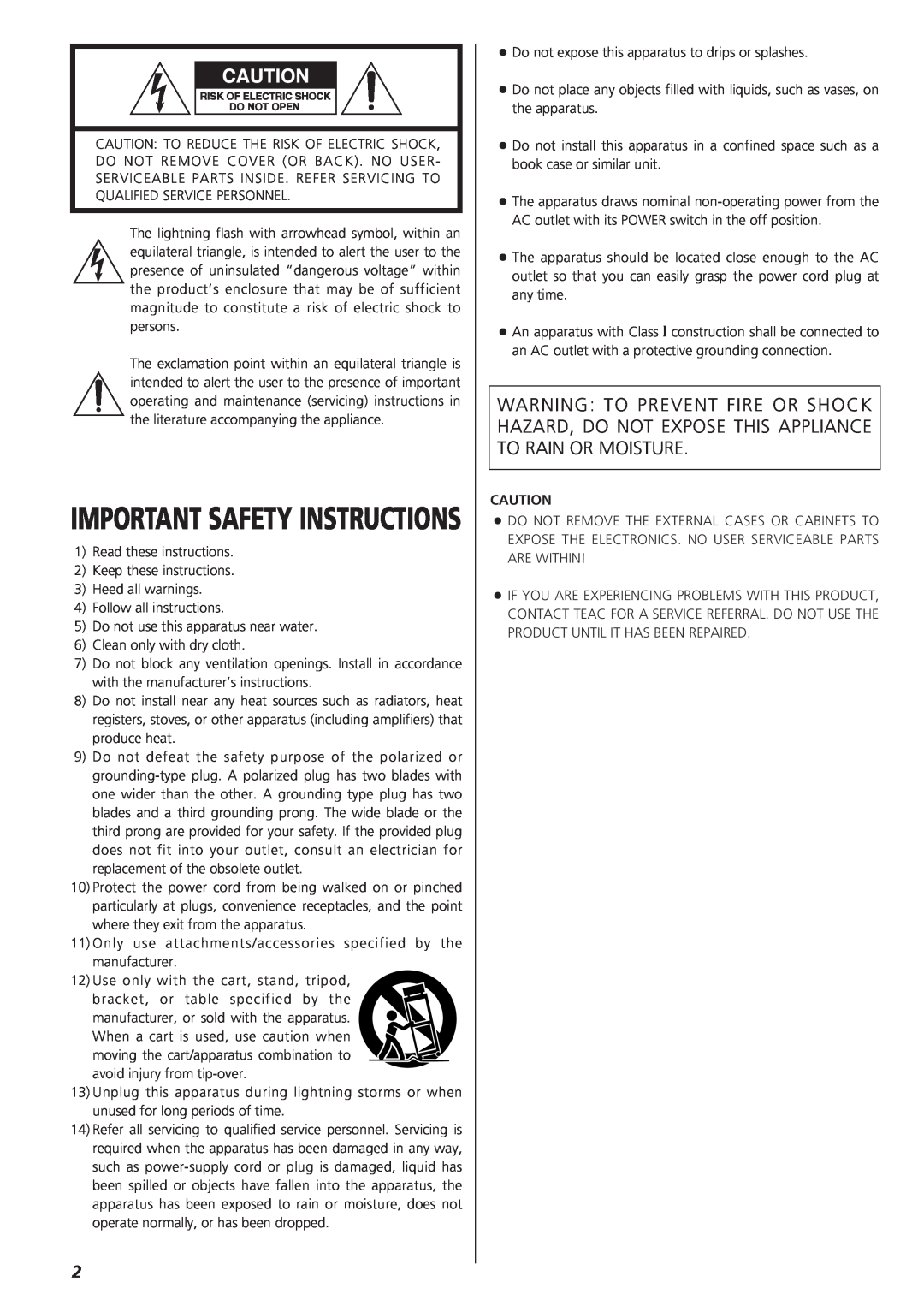 Teac A-R610 owner manual Important Safety Instructions 