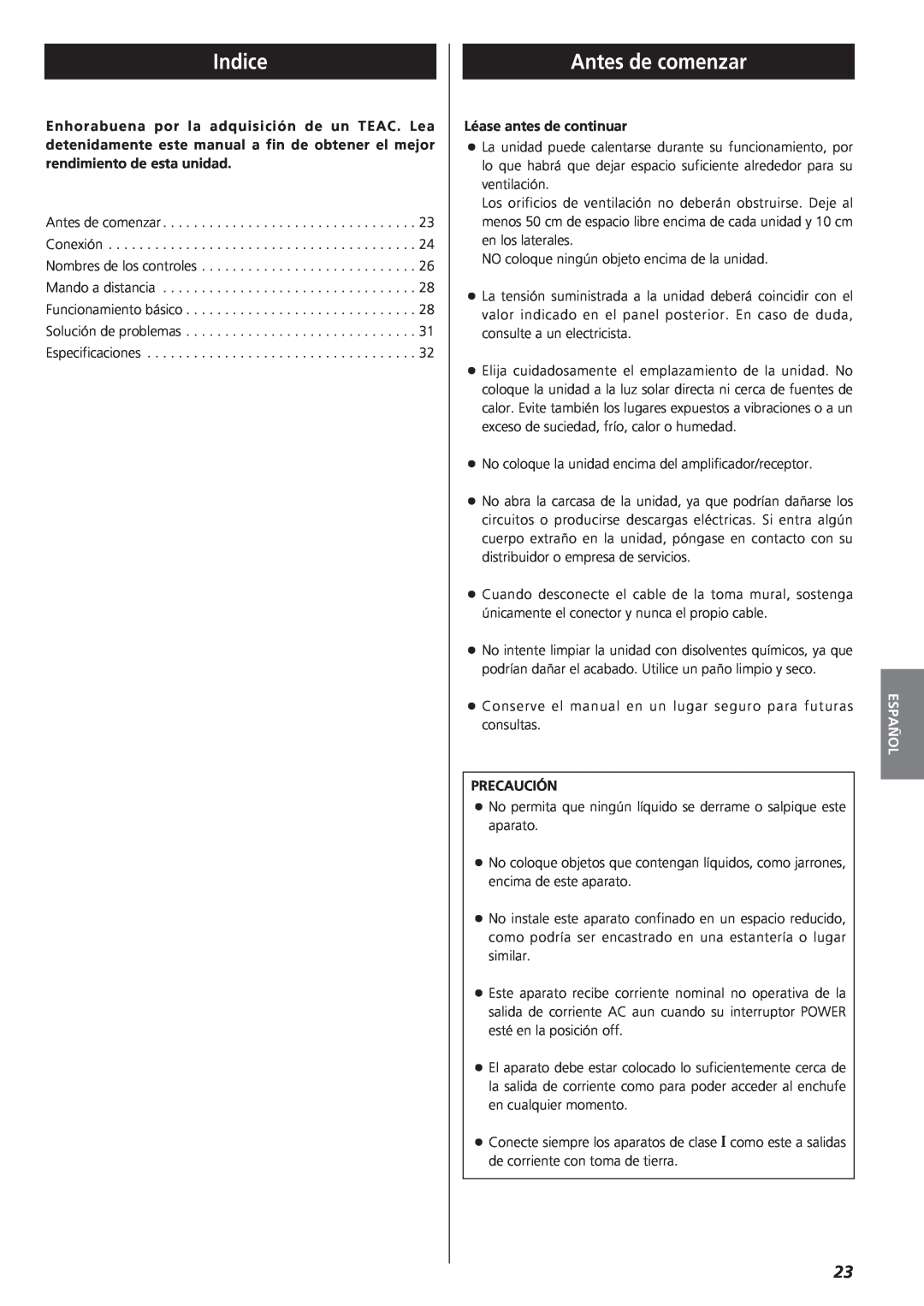 Teac A-R610 owner manual Indice, Antes de comenzar, Léase antes de continuar, Precaución, Español 