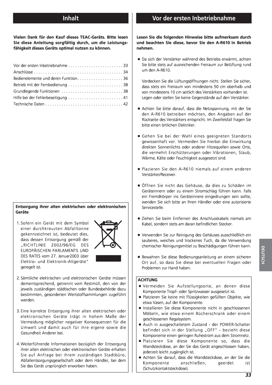 Teac A-R610 owner manual Inhalt, Vor der ersten Inbetriebnahme, Achtung, Deutsch 