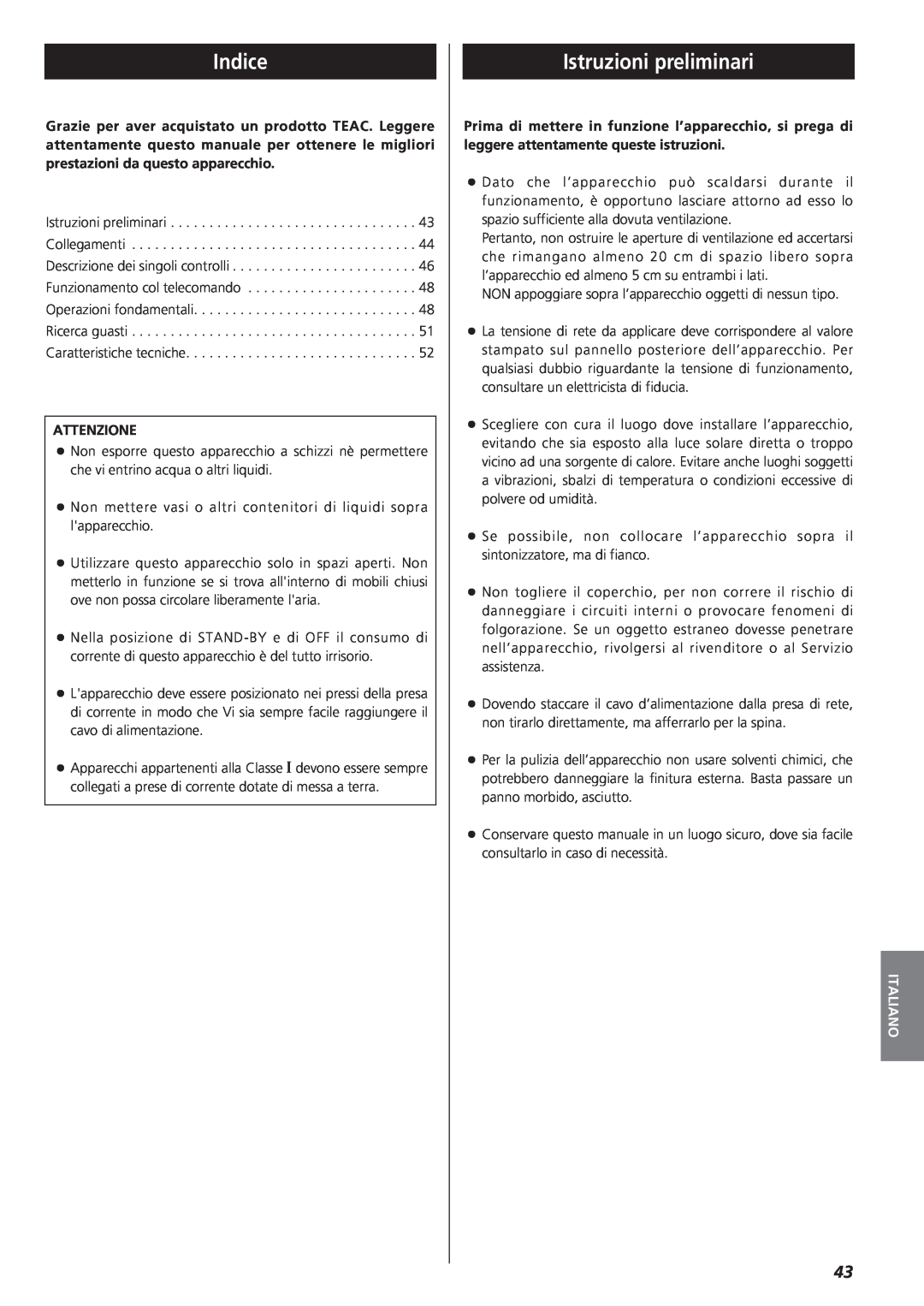 Teac A-R610 owner manual Istruzioni preliminari, Attenzione, Italiano, Indice 