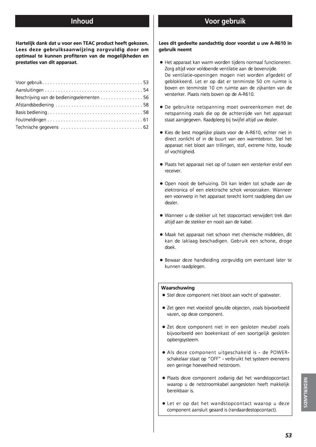 Teac A-R610 owner manual Inhoud, Voor gebruik, Waarschuwing, Nederlands 