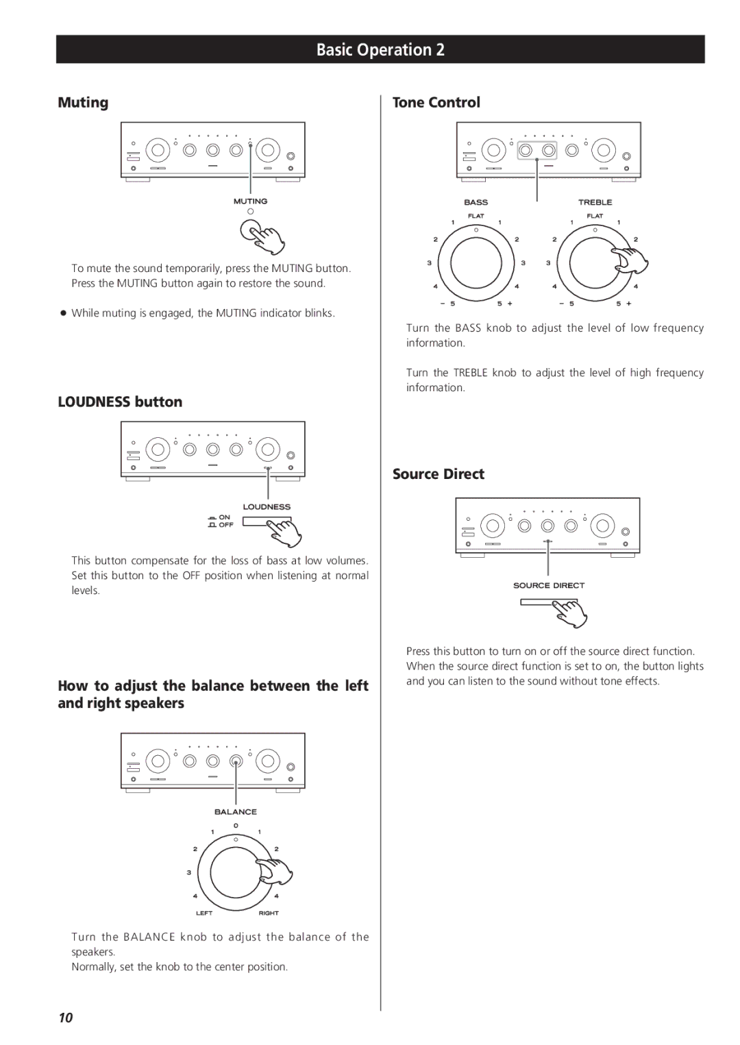 Teac A-R610 owner manual Muting, Loudness button, Tone Control, Source Direct 