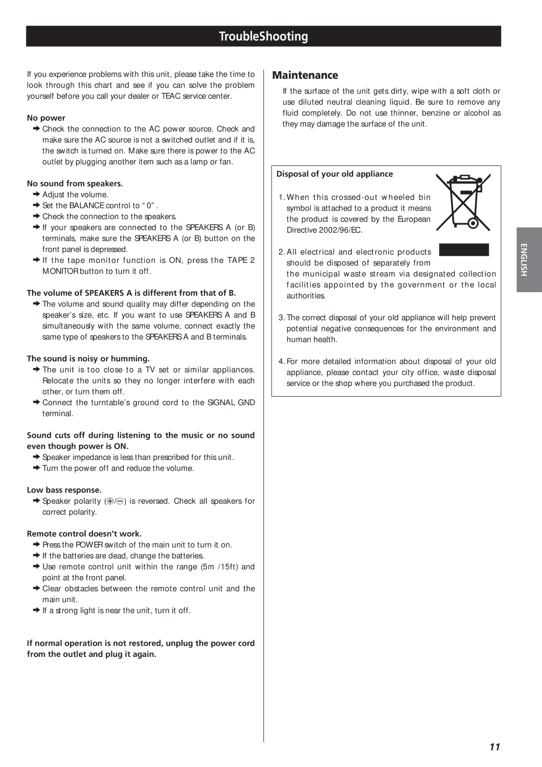 Teac A-R610 owner manual TroubleShooting, Maintenance 