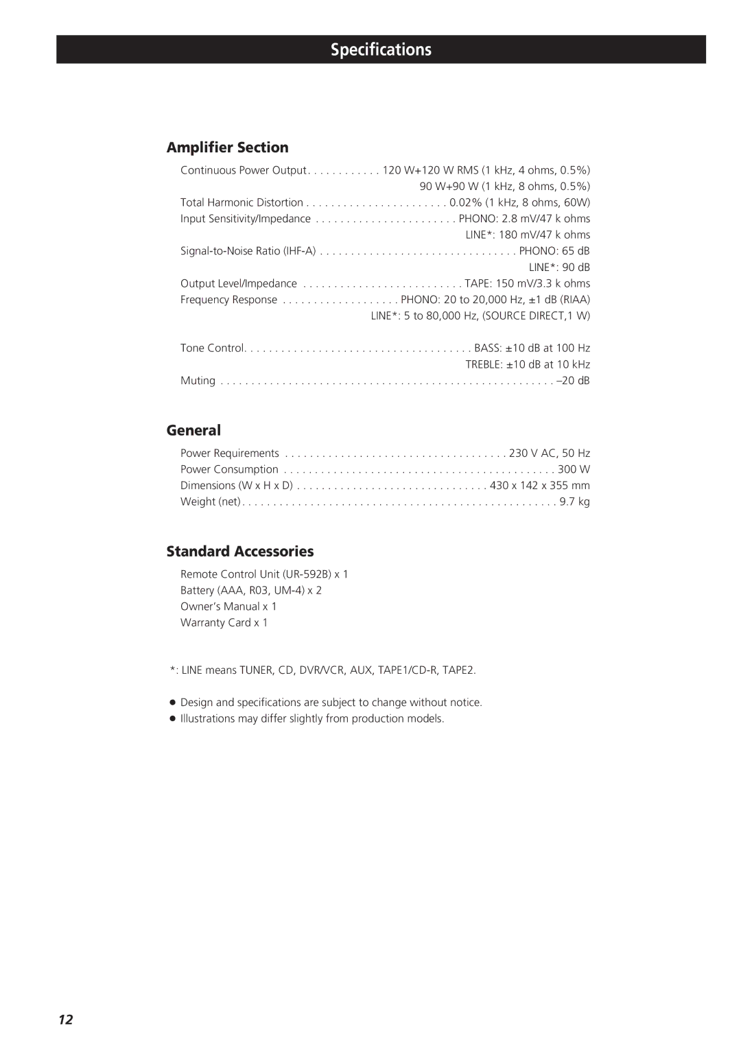 Teac A-R610 owner manual Specifications, Amplifier Section, General, Standard Accessories 