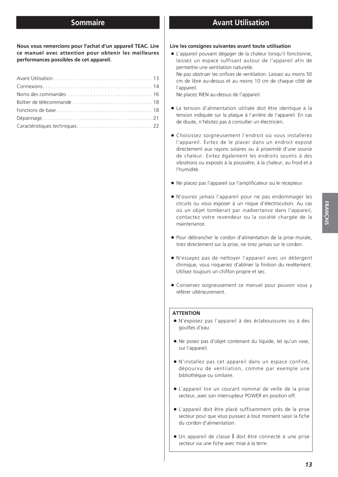 Teac A-R610 owner manual Sommaire, Avant Utilisation, Lire les consignes suivantes avant toute utilisation 