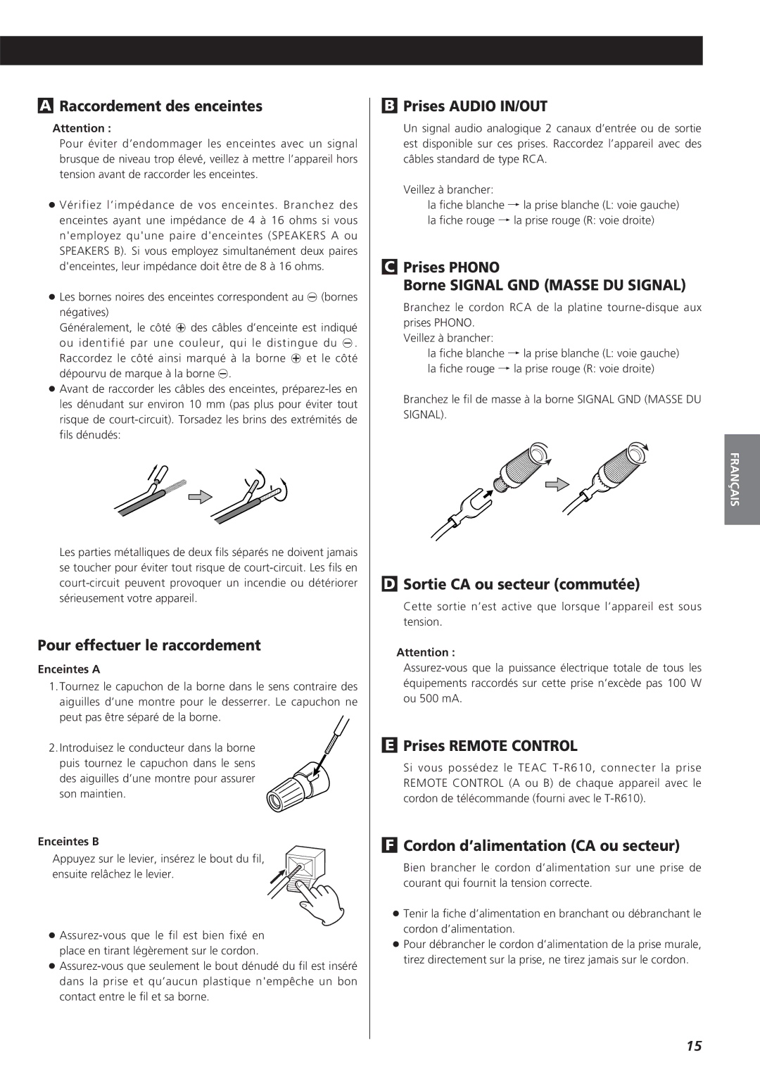 Teac A-R610 Raccordement des enceintes, Pour effectuer le raccordement, Prises Audio IN/OUT, Sortie CA ou secteur commutée 