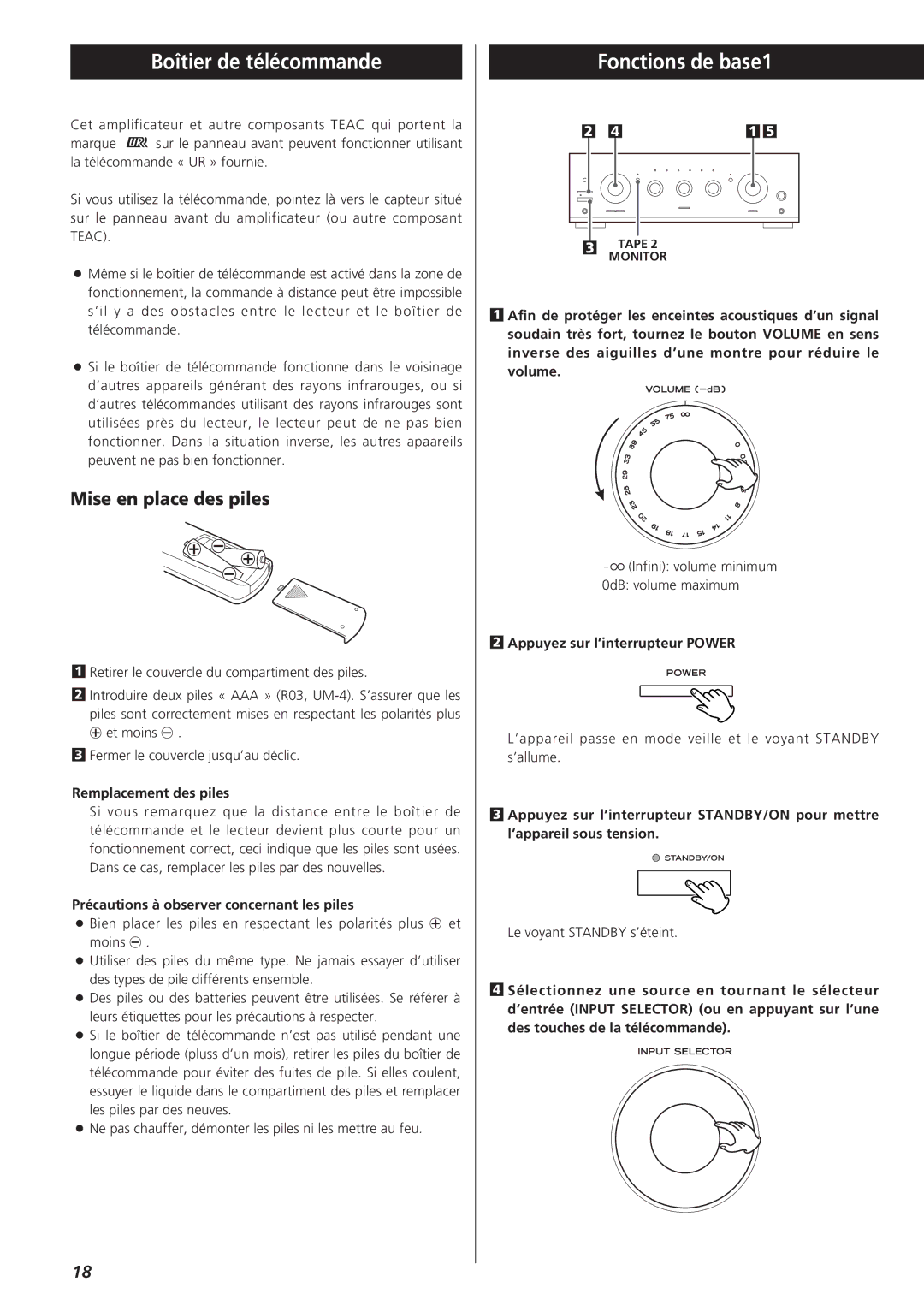 Teac A-R610 owner manual Boîtier de télécommande, Fonctions de base1, Mise en place des piles 