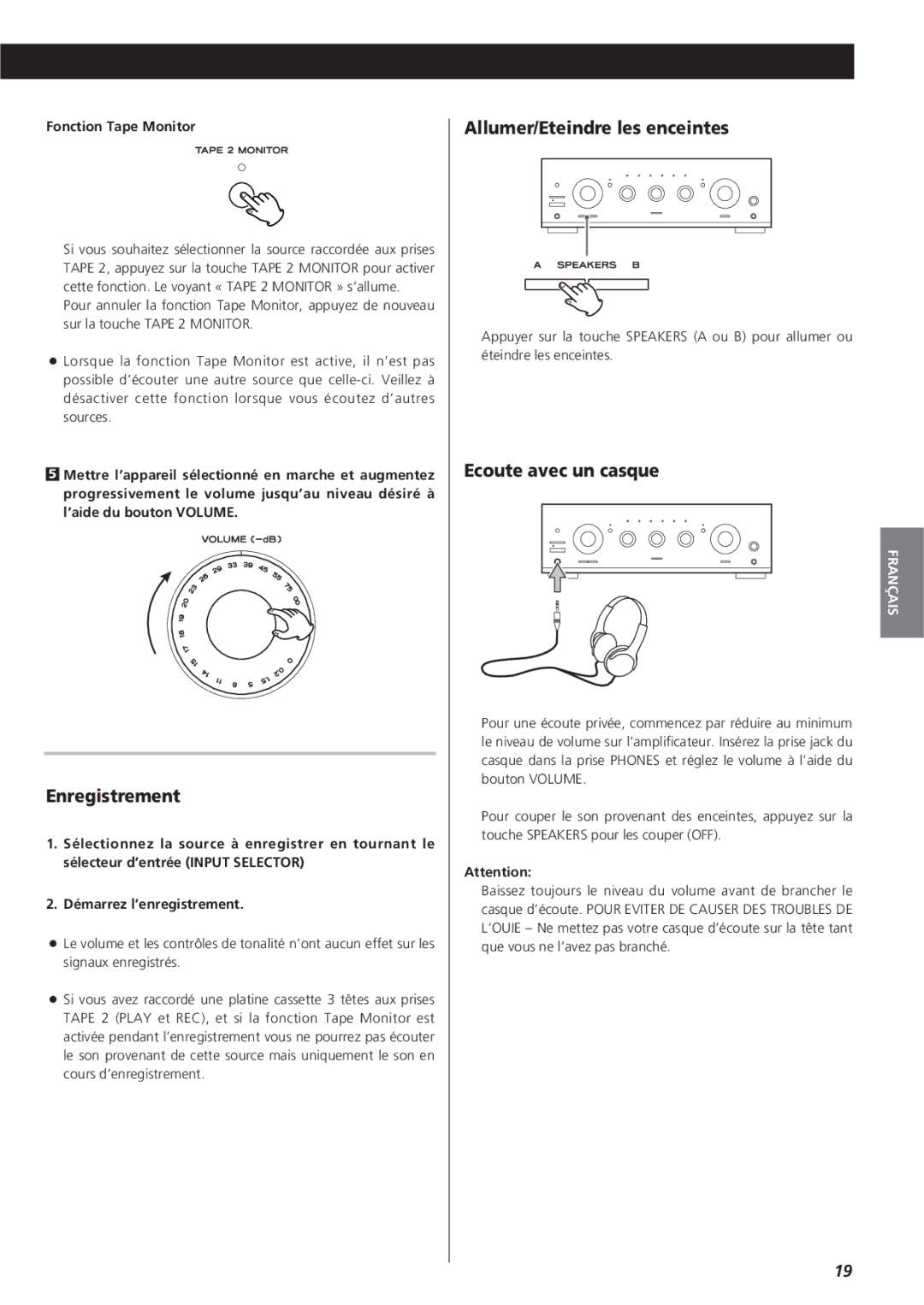 Teac A-R610 owner manual Enregistrement, Allumer/Eteindre les enceintes, Ecoute avec un casque, Fonction Tape Monitor 