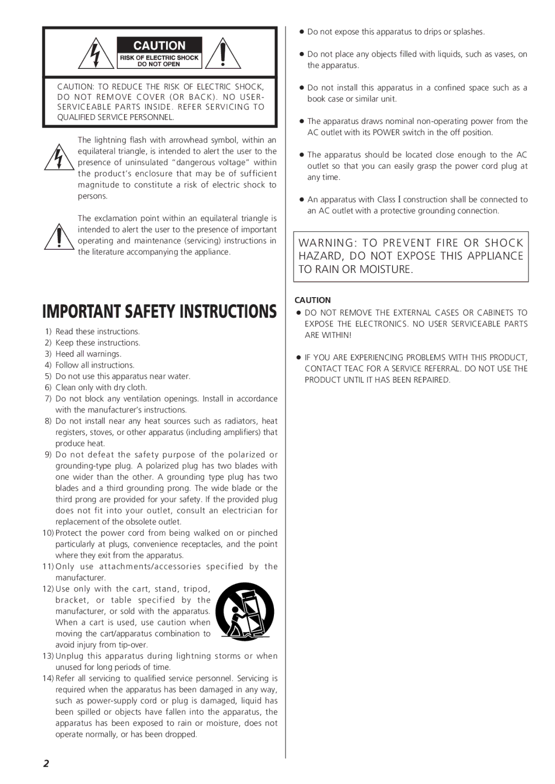 Teac A-R610 owner manual Important Safety Instructions 