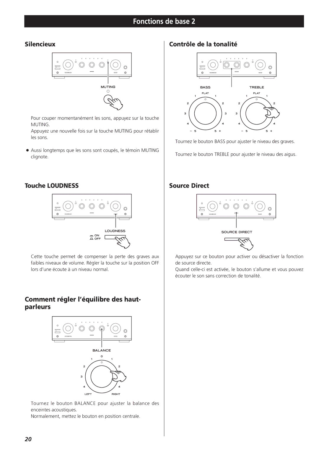 Teac A-R610 owner manual Fonctions de base, Silencieux, Touche Loudness, Contrôle de la tonalité 