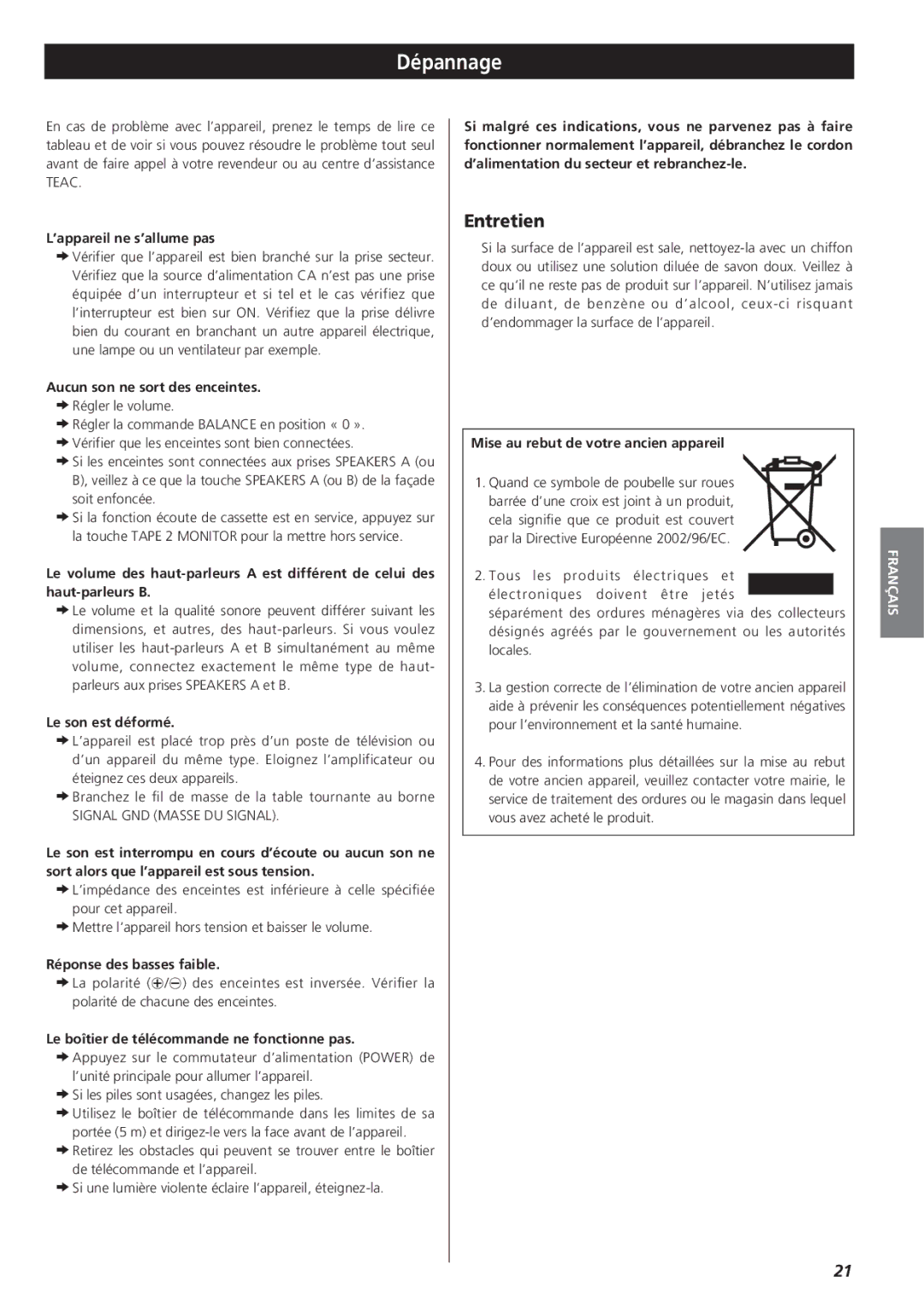 Teac A-R610 owner manual Dépannage, Entretien 