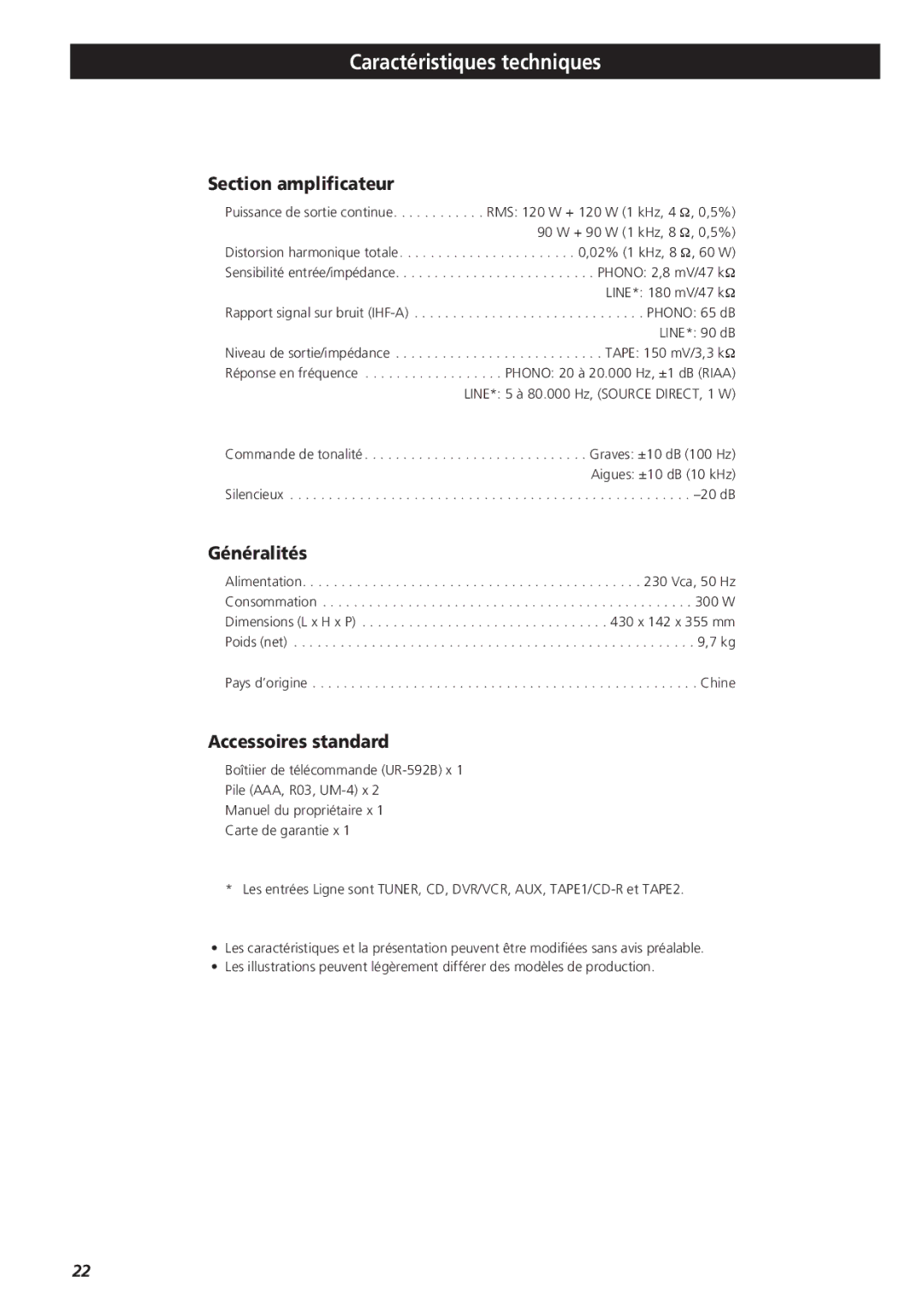 Teac A-R610 owner manual Caractéristiques techniques, Section amplificateur, Généralités, Accessoires standard 