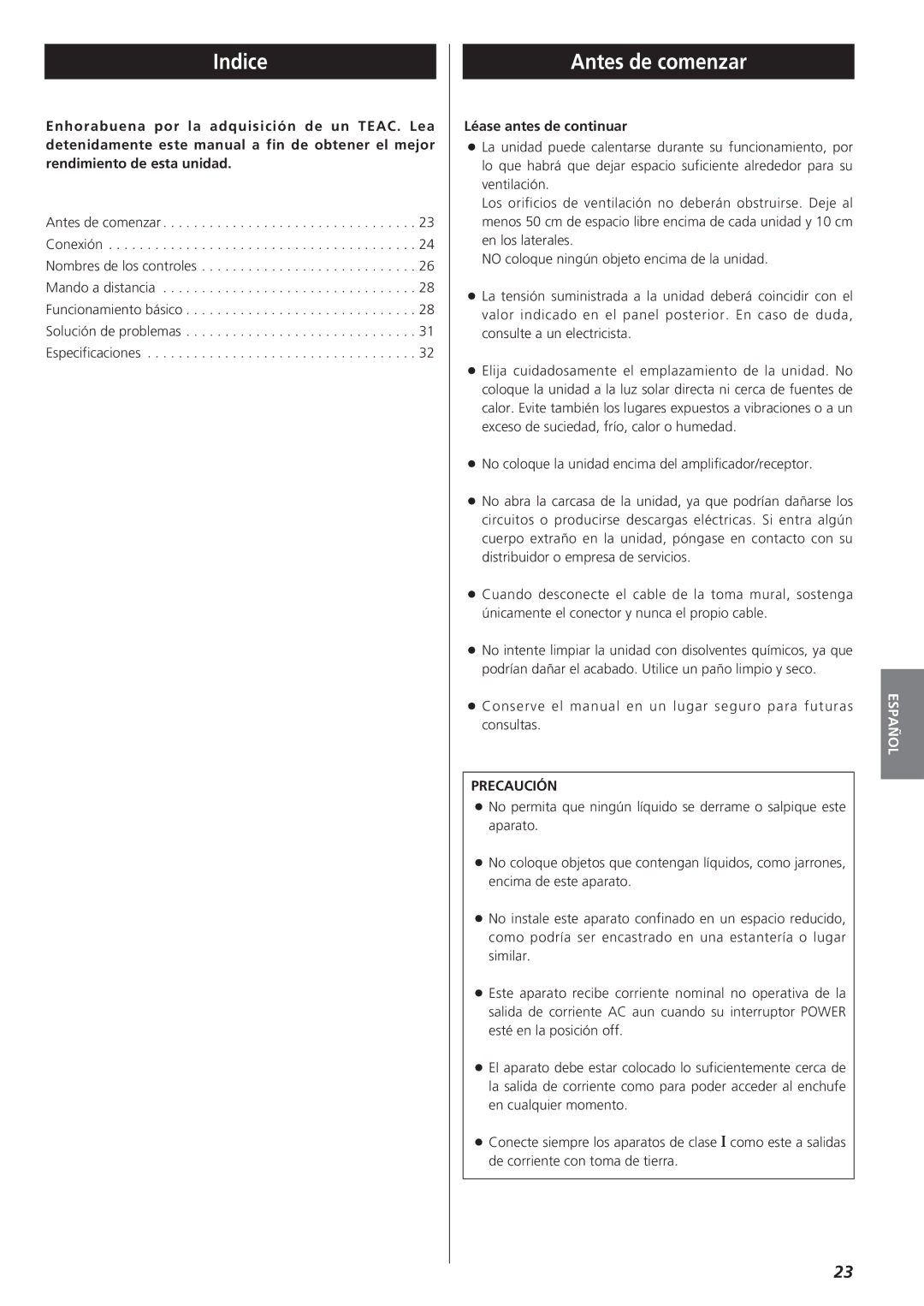 Teac A-R610 owner manual Indice, Antes de comenzar, Léase antes de continuar, Precaución 