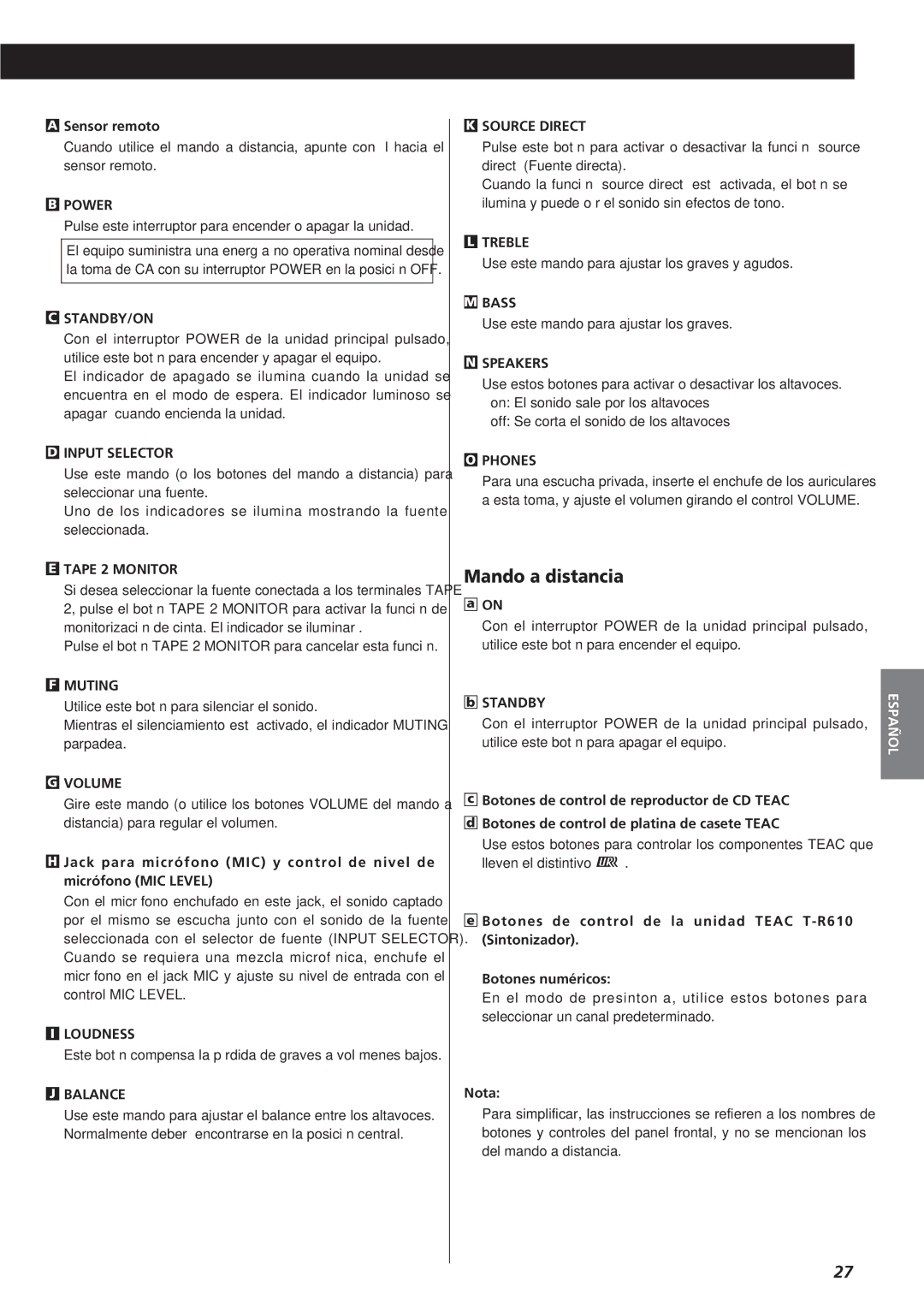 Teac A-R610 owner manual Mando a distancia, Sensor remoto, Nota 