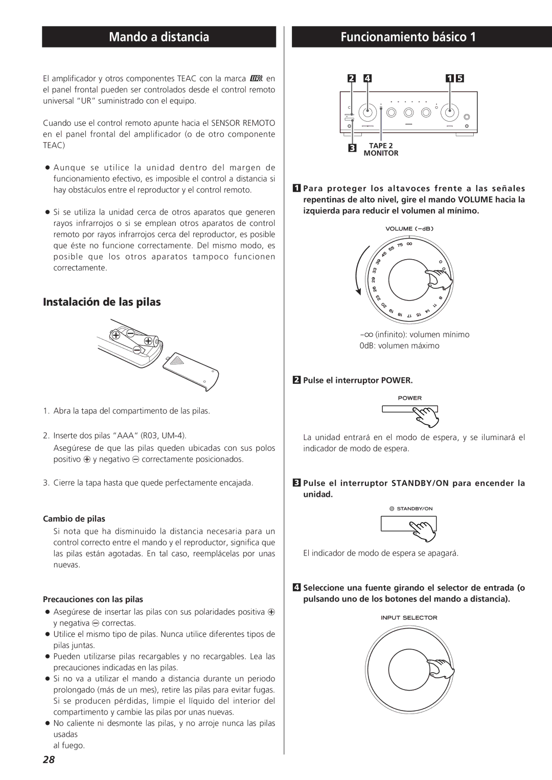 Teac A-R610 owner manual Mando a distancia, Funcionamiento básico, Instalación de las pilas 