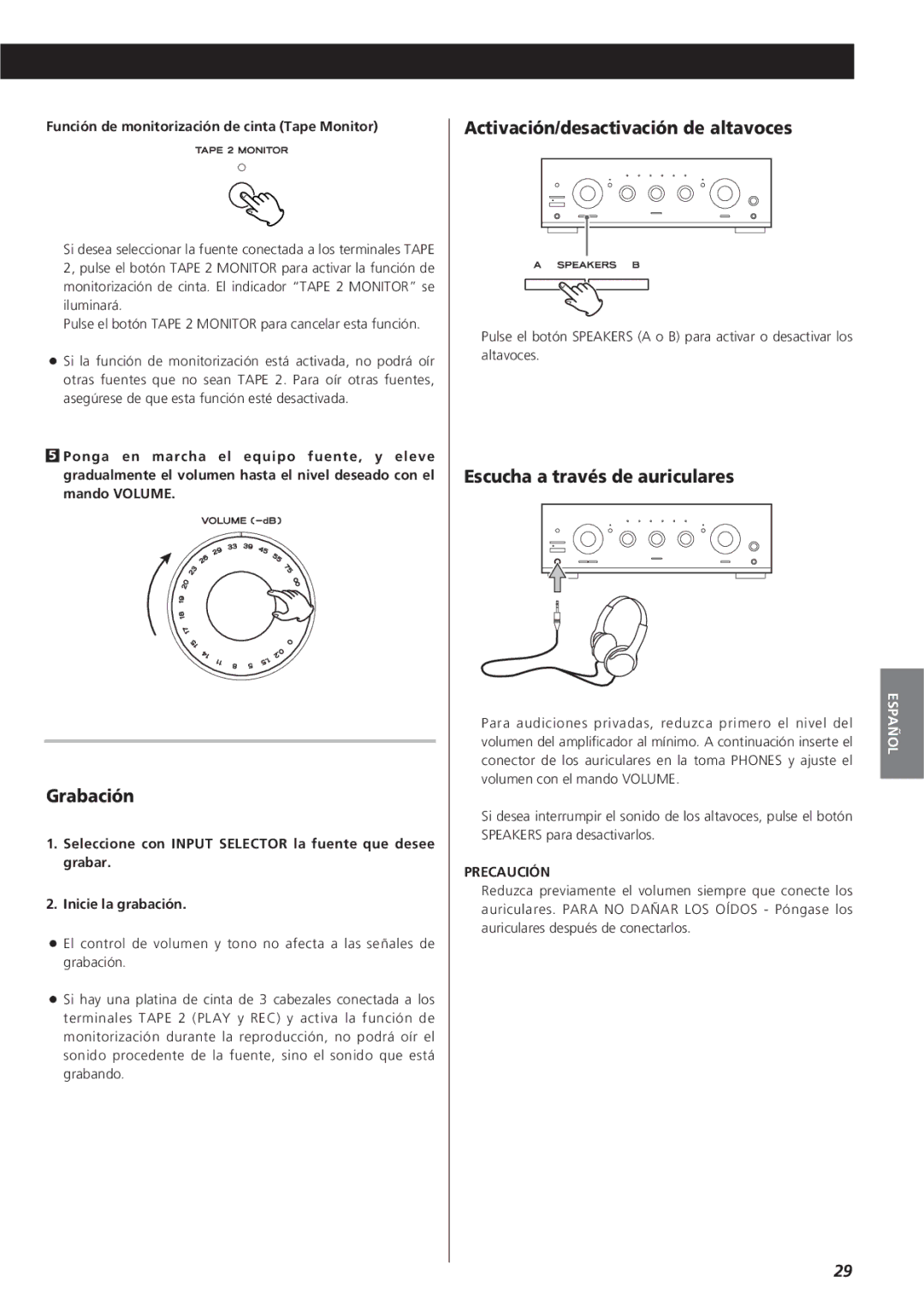 Teac A-R610 owner manual Grabación, Activación/desactivación de altavoces, Escucha a través de auriculares 