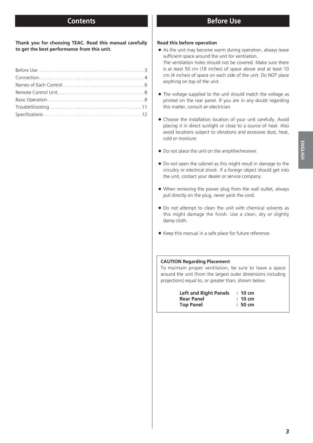 Teac A-R610 owner manual Contents, Before Use 