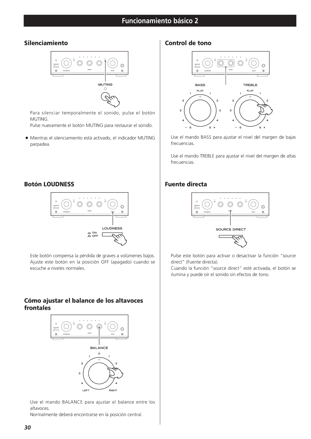 Teac A-R610 Silenciamiento, Botón Loudness, Cómo ajustar el balance de los altavoces frontales, Control de tono 