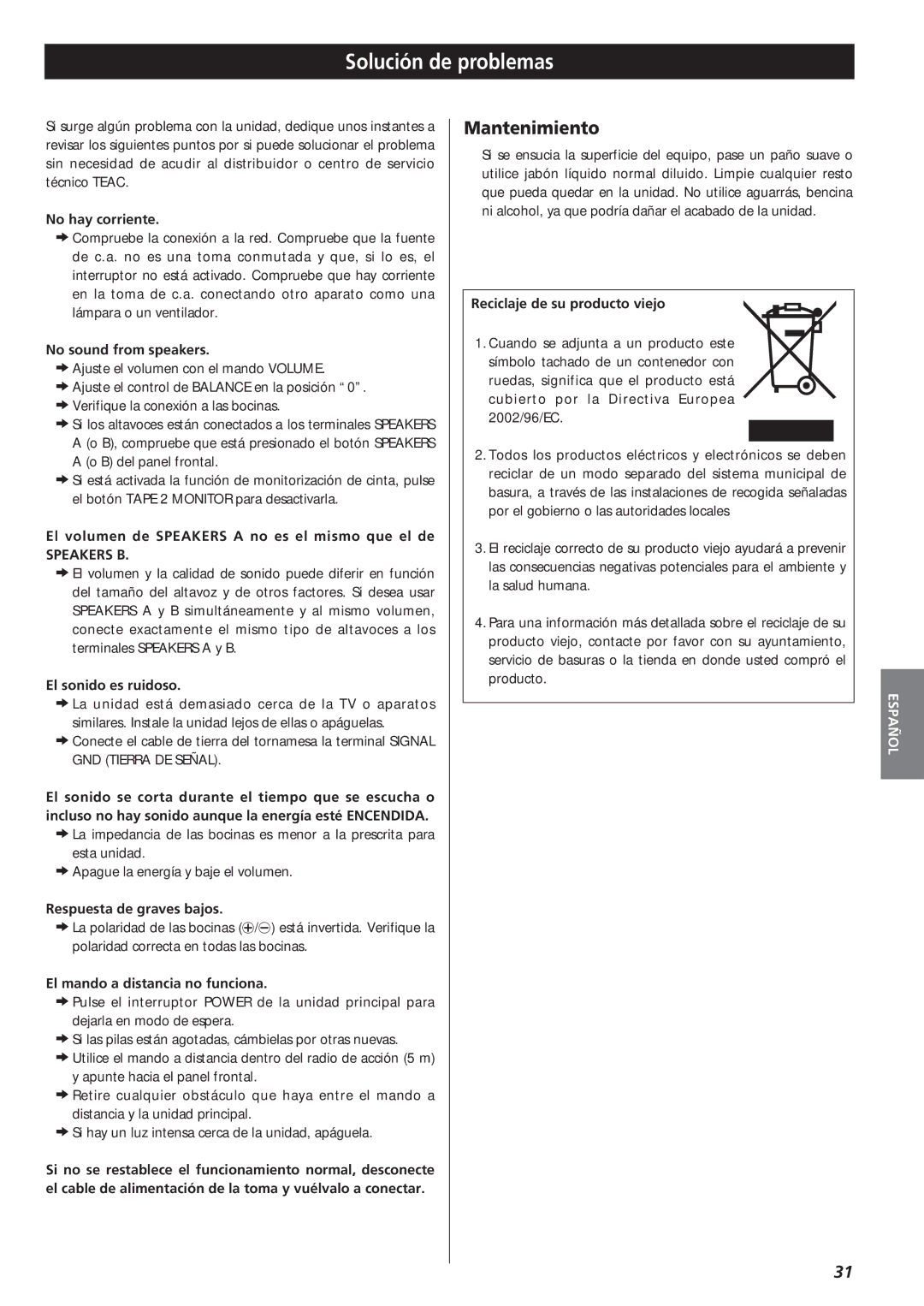 Teac A-R610 owner manual Solución de problemas, Mantenimiento, Speakers B 