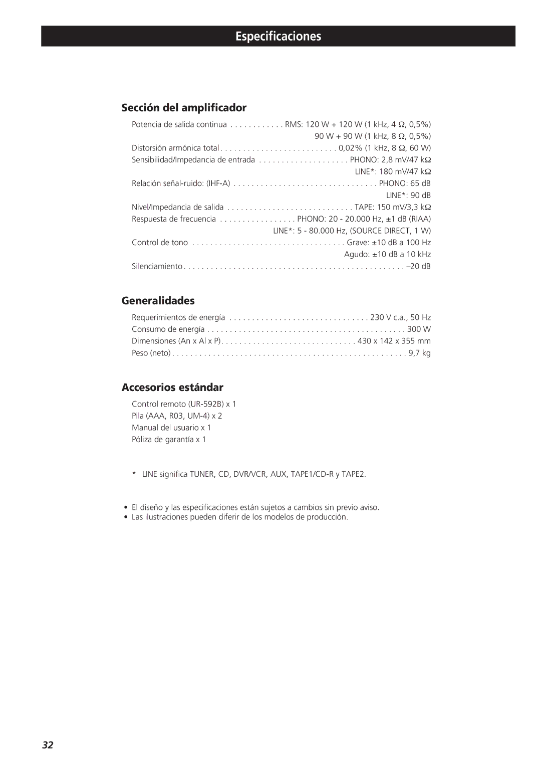 Teac A-R610 owner manual Especificaciones, Sección del amplificador, Generalidades, Accesorios estándar 