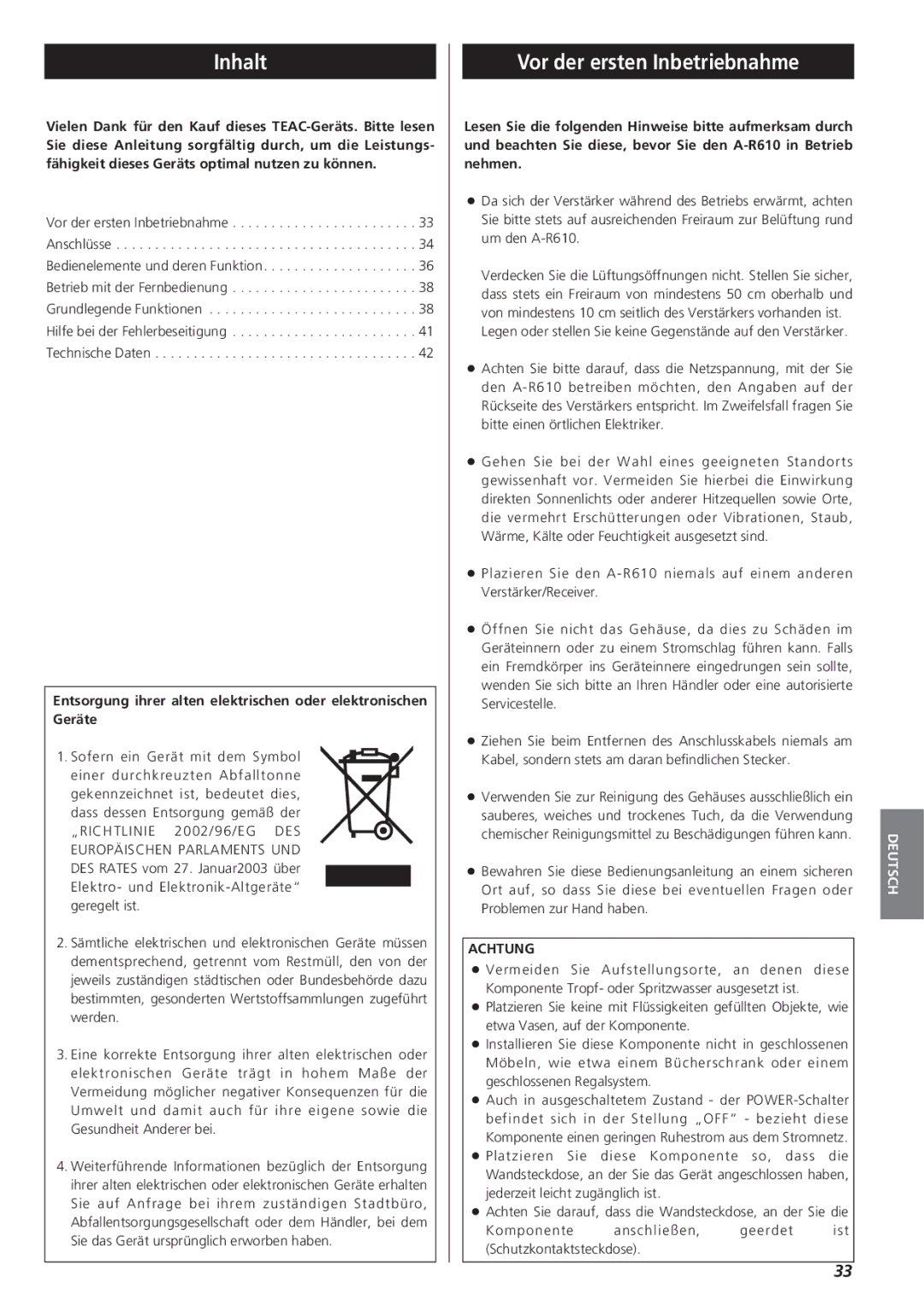 Teac A-R610 owner manual Inhalt, Vor der ersten Inbetriebnahme, Achtung 