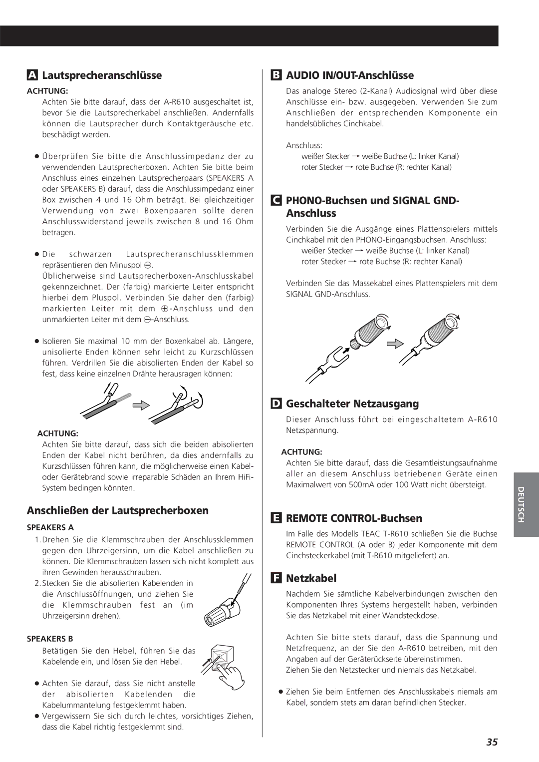Teac A-R610 Lautsprecheranschlüsse, Anschließen der Lautsprecherboxen, Audio IN/OUT-Anschlüsse, Geschalteter Netzausgang 