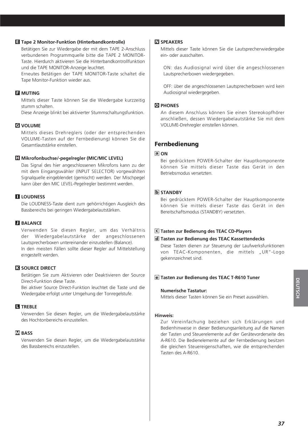 Teac A-R610 owner manual Fernbedienung, Mikrofonbuchse/-pegelregler MIC/MIC Level, Hinweis 