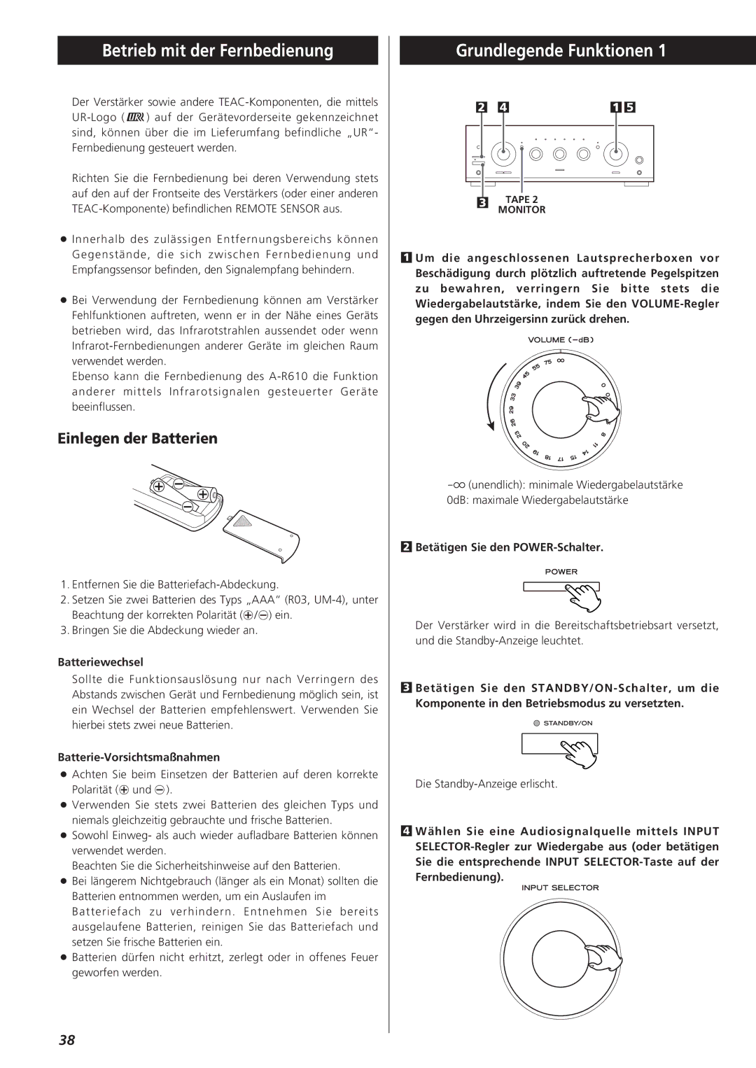 Teac A-R610 owner manual Betrieb mit der Fernbedienung, Grundlegende Funktionen, Einlegen der Batterien 