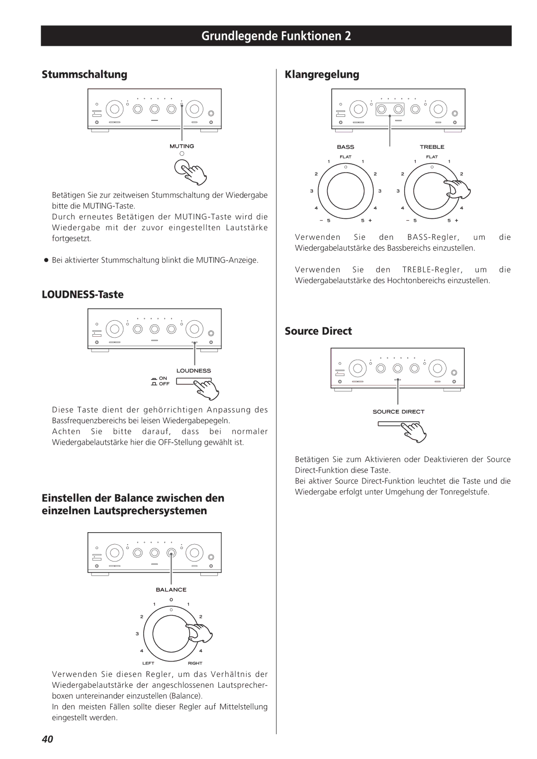 Teac A-R610 owner manual Stummschaltung, LOUDNESS-Taste, Klangregelung 