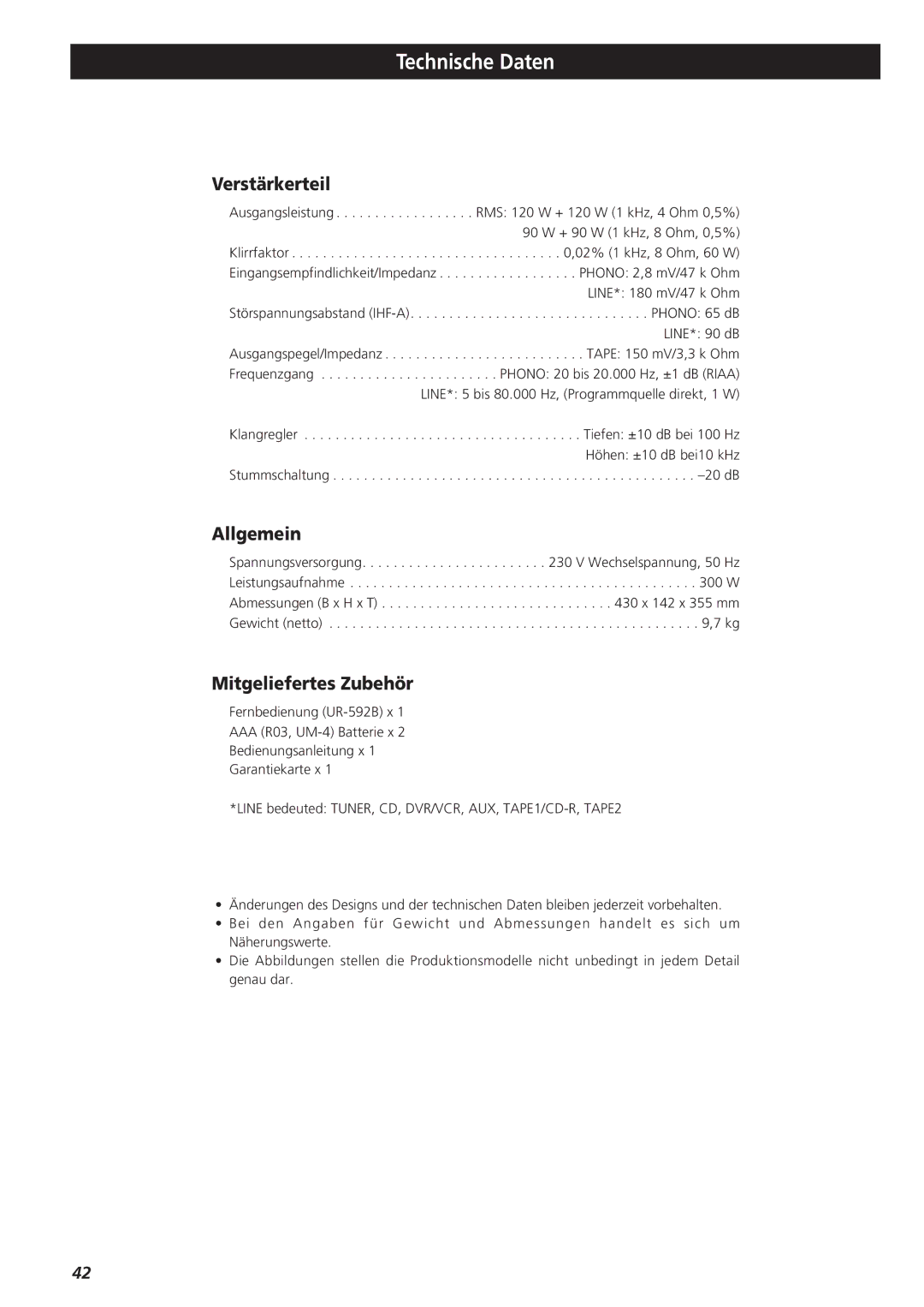 Teac A-R610 owner manual Technische Daten, Verstärkerteil, Allgemein, Mitgeliefertes Zubehör 