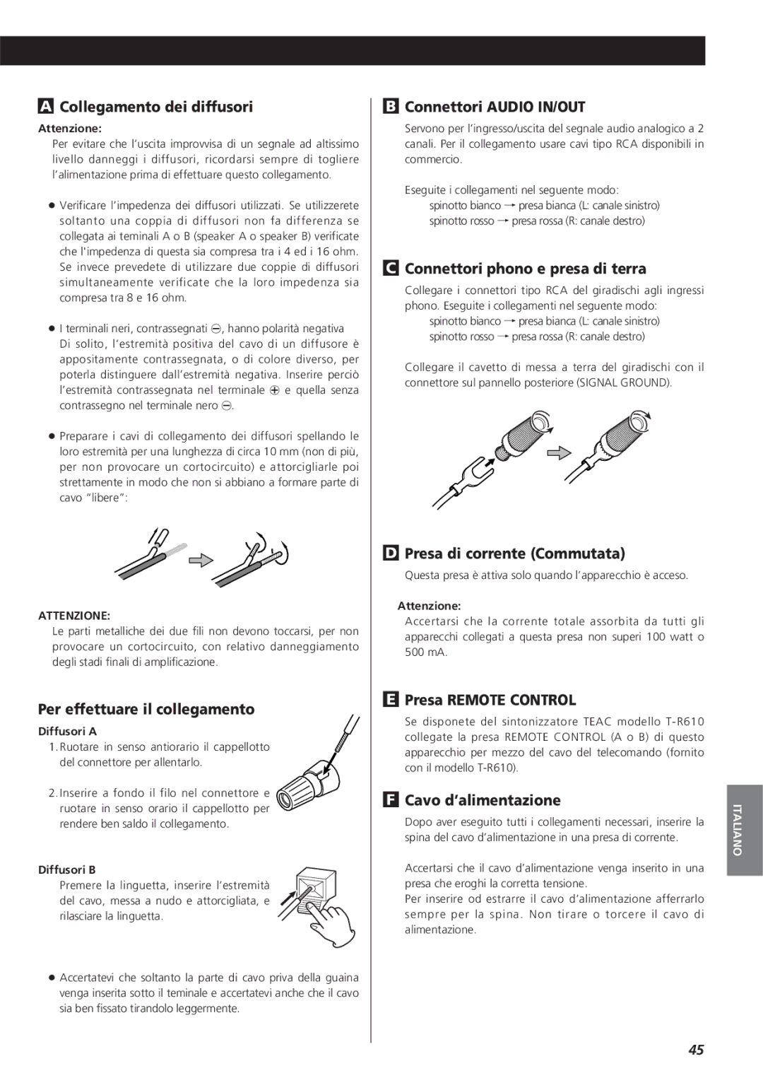 Teac A-R610 Collegamento dei diffusori, Per effettuare il collegamento, Connettori Audio IN/OUT, Presa Remote Control 