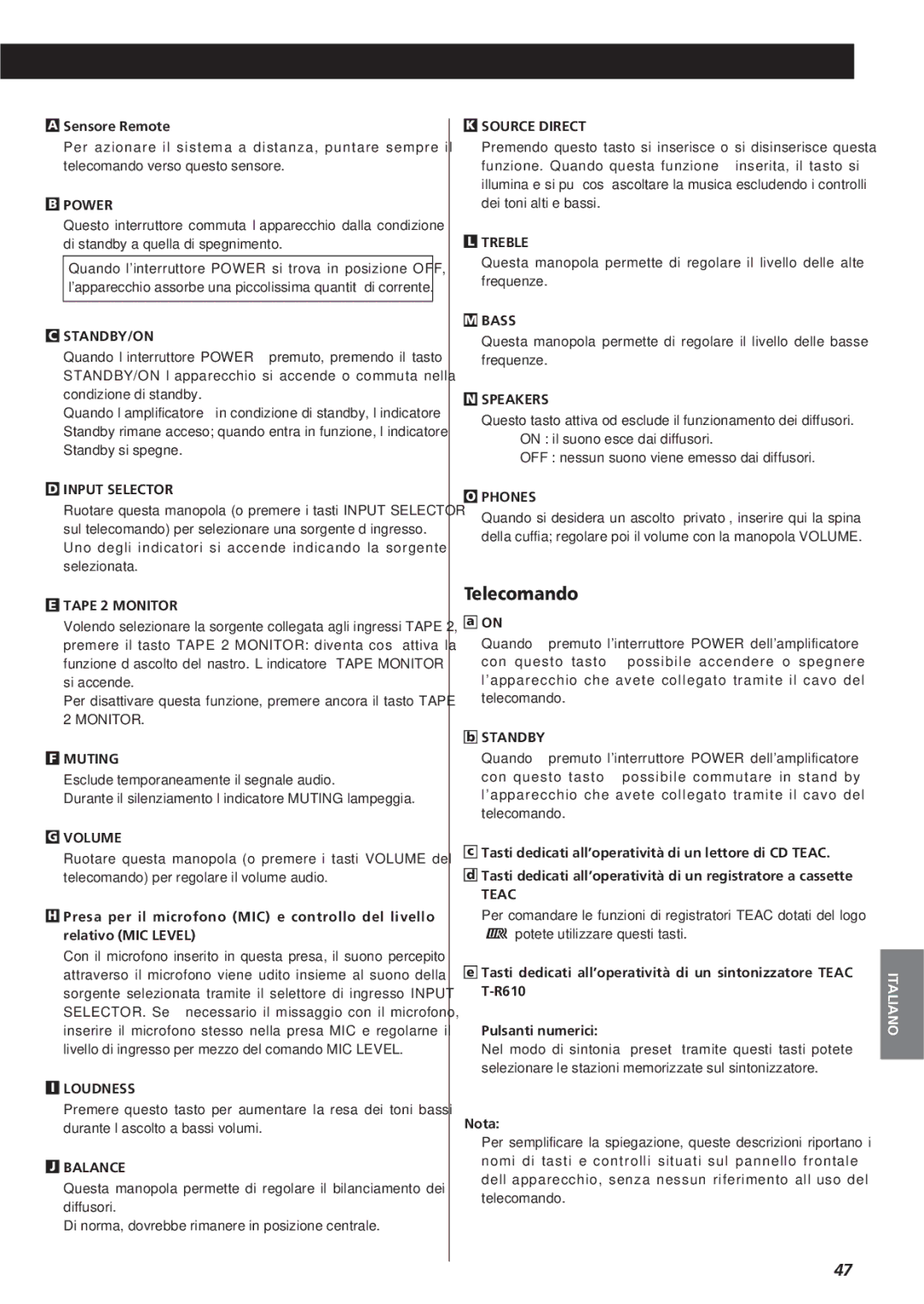 Teac A-R610 owner manual Telecomando, Sensore Remote, Teac 