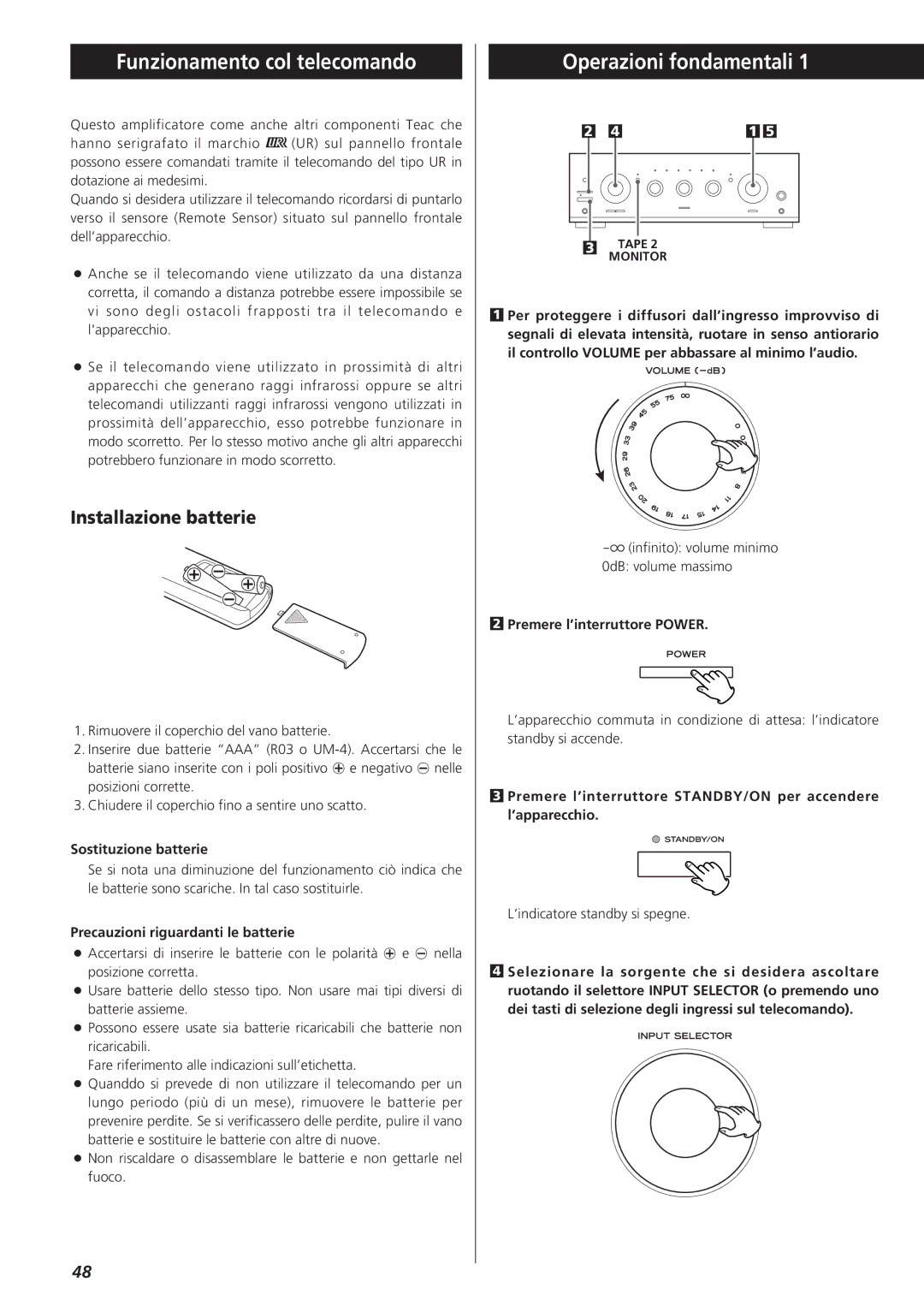 Teac A-R610 owner manual Funzionamento col telecomando, Operazioni fondamentali, Installazione batterie 