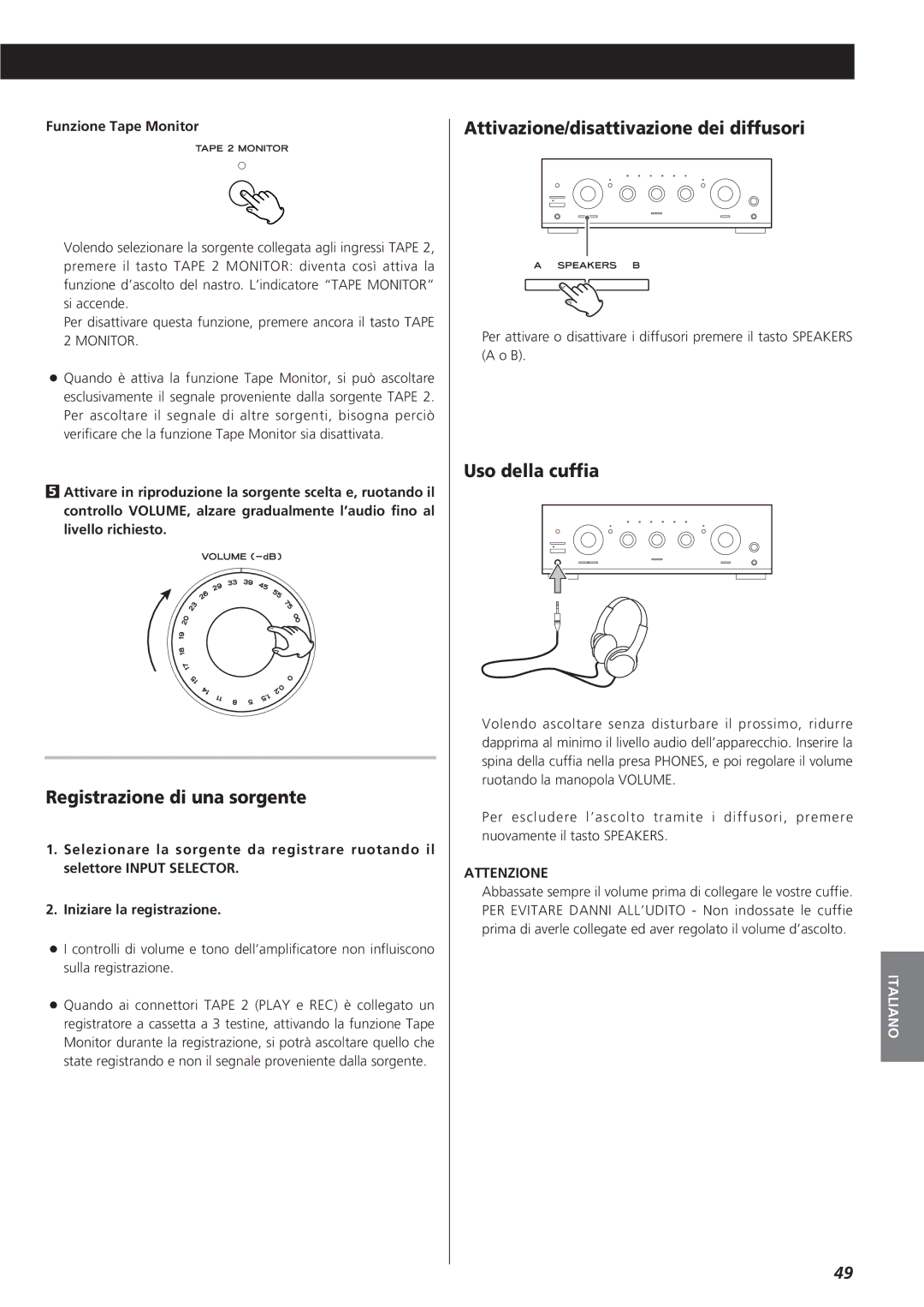 Teac A-R610 owner manual Registrazione di una sorgente, Attivazione/disattivazione dei diffusori, Uso della cuffia 