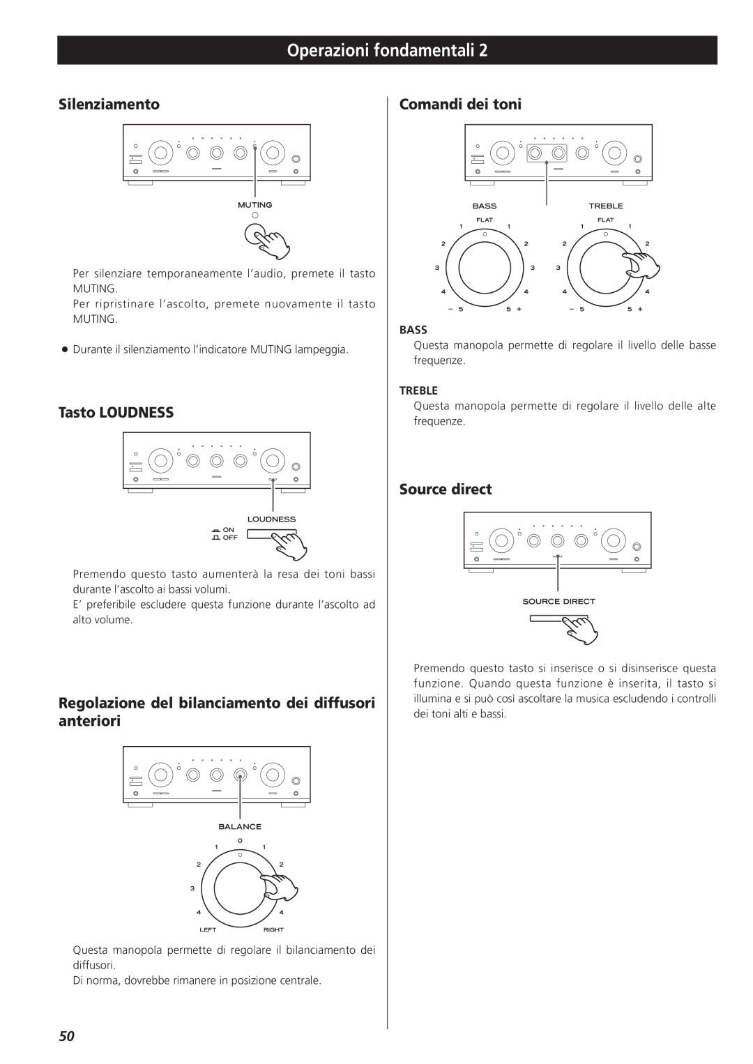 Teac A-R610 Silenziamento, Tasto Loudness, Regolazione del bilanciamento dei diffusori anteriori, Comandi dei toni 