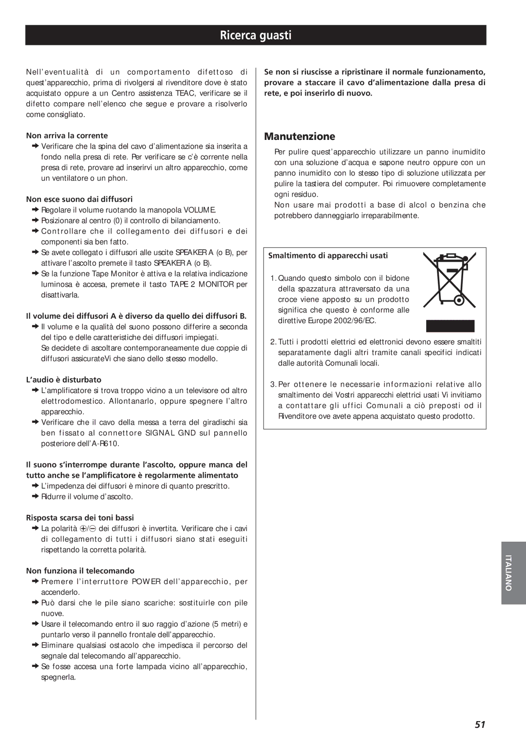 Teac A-R610 owner manual Ricerca guasti, Manutenzione 