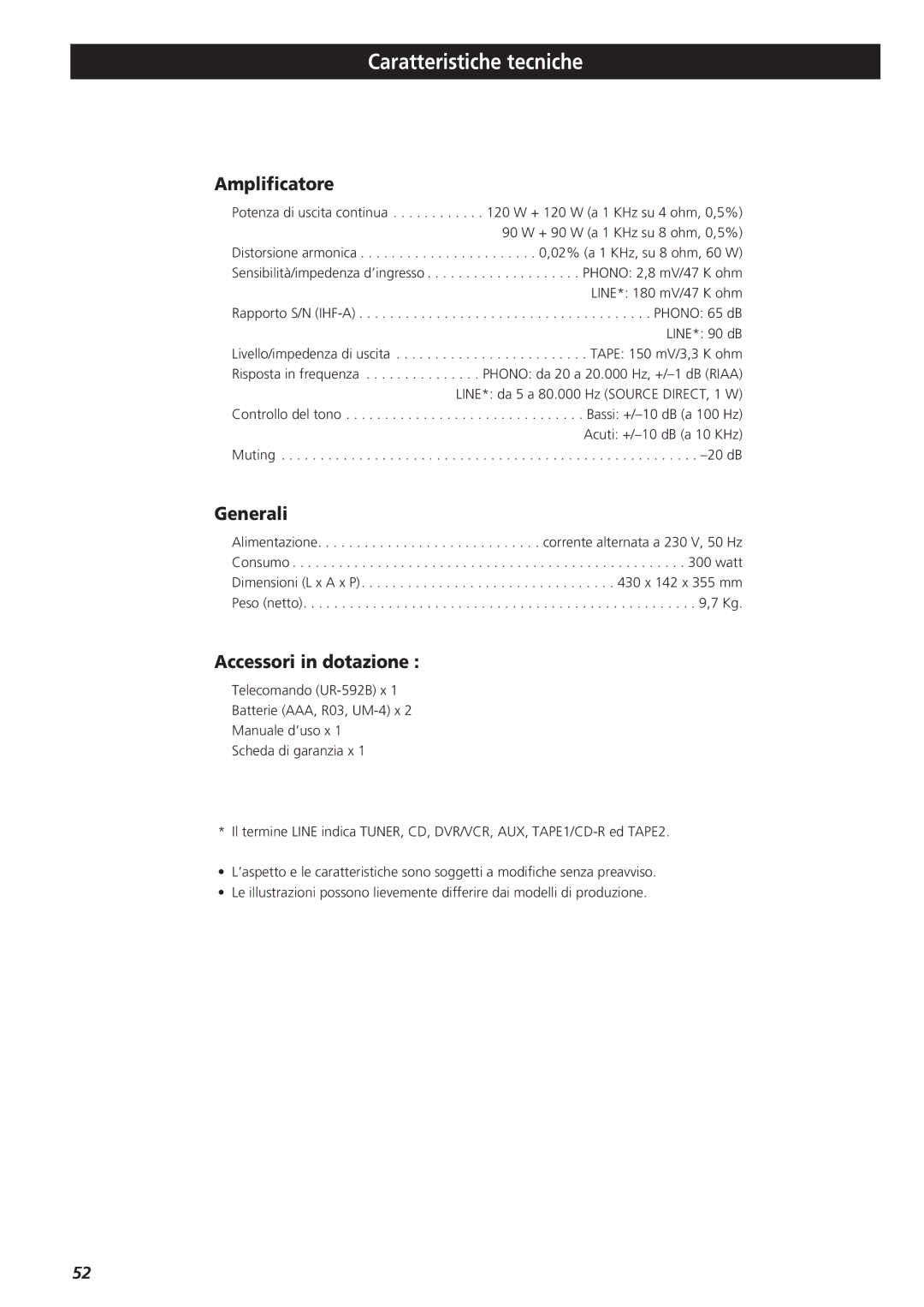 Teac A-R610 owner manual Caratteristiche tecniche, Amplificatore, Generali, Accessori in dotazione 