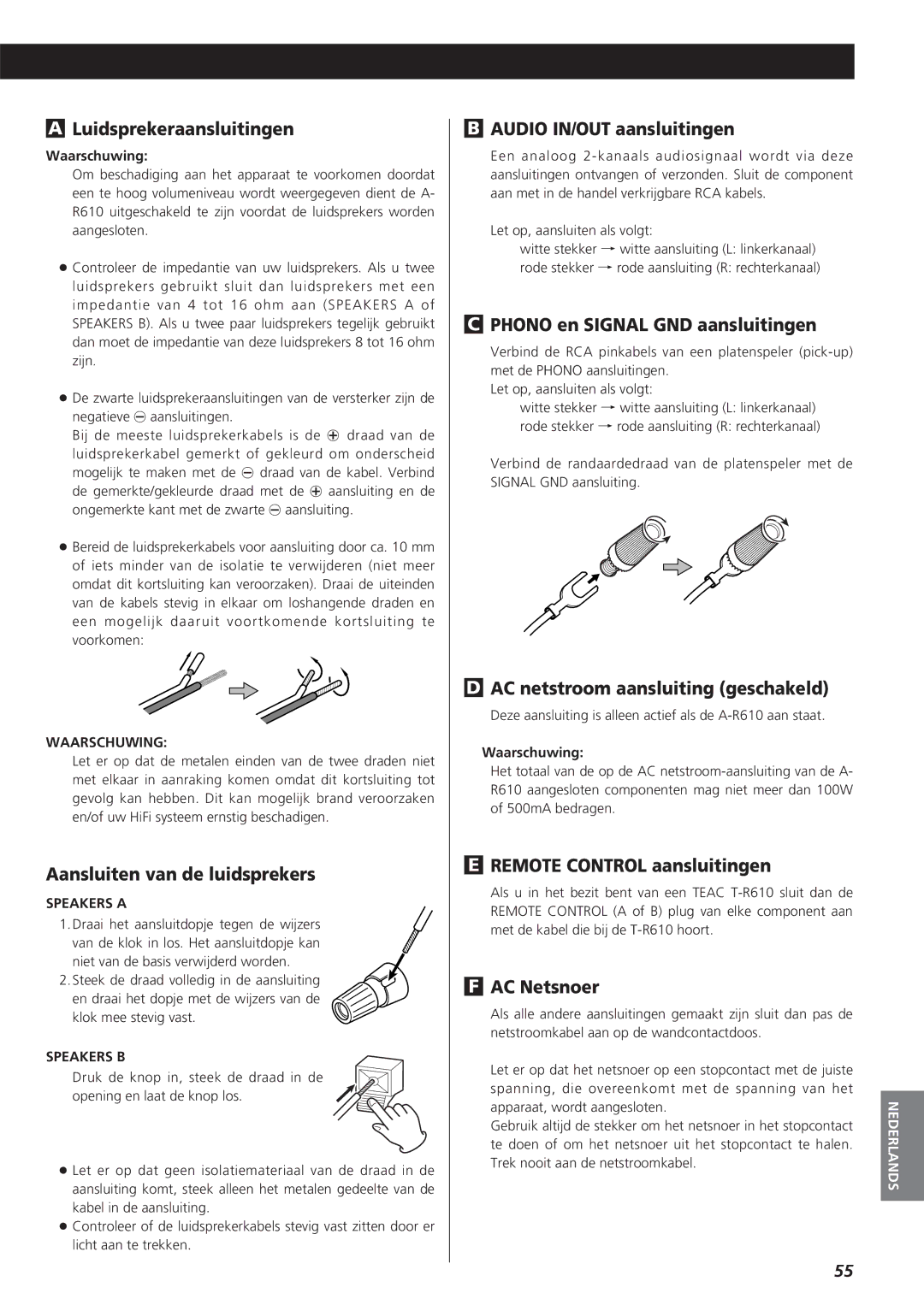 Teac A-R610 owner manual Luidsprekeraansluitingen, Aansluiten van de luidsprekers, Audio IN/OUT aansluitingen, AC Netsnoer 