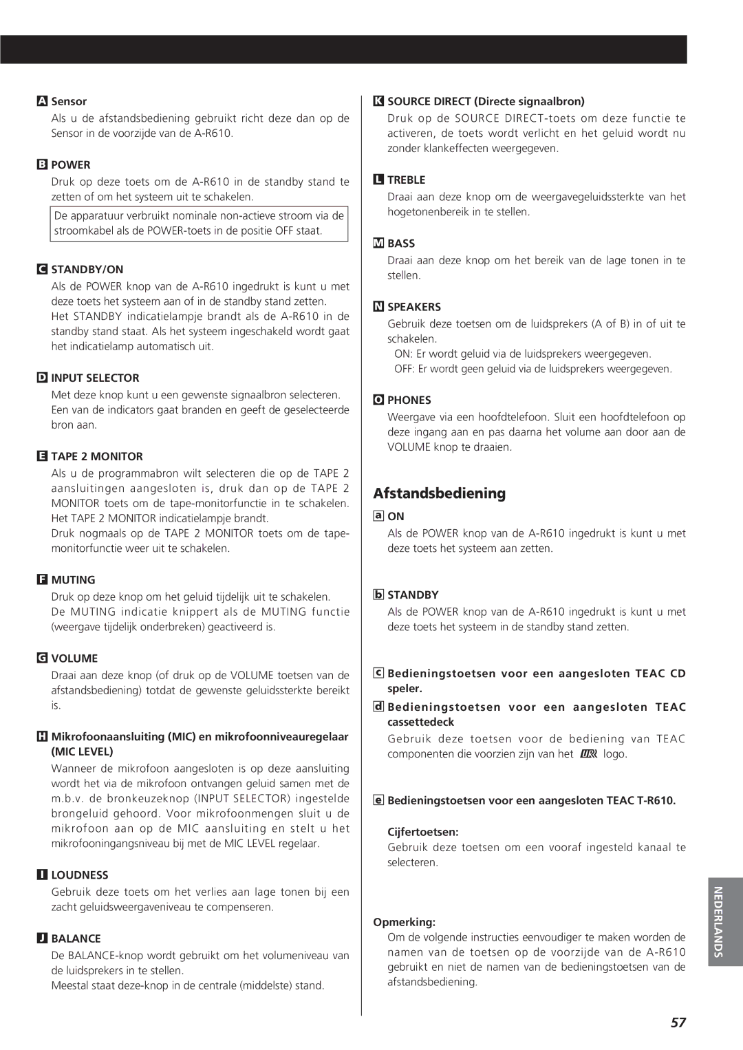 Teac A-R610 owner manual Afstandsbediening, Sensor, Source Direct Directe signaalbron, Opmerking 