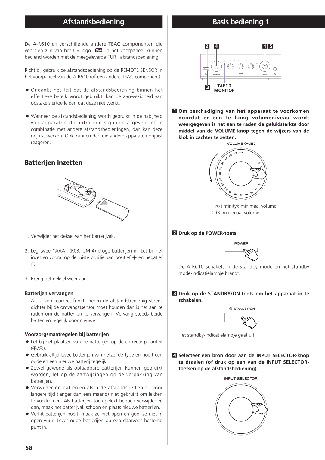 Teac A-R610 owner manual Afstandsbediening, Basis bediening, Batterijen inzetten 