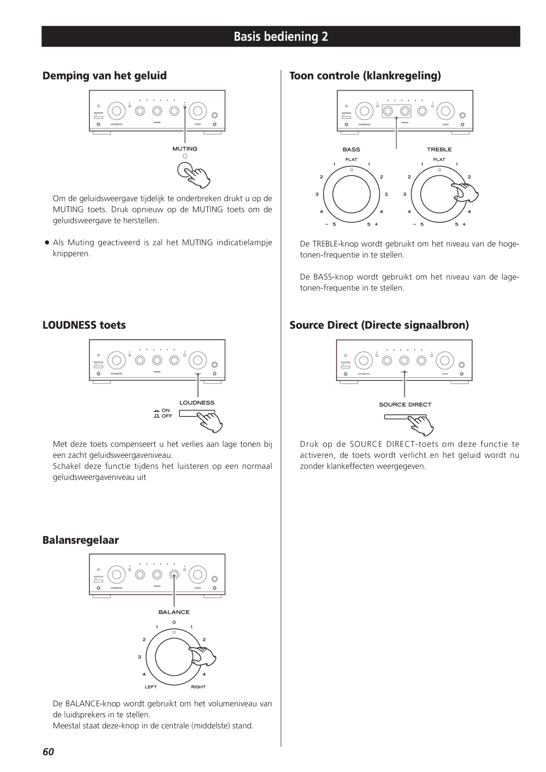 Teac A-R610 owner manual Demping van het geluid, Loudness toets, Balansregelaar, Toon controle klankregeling 