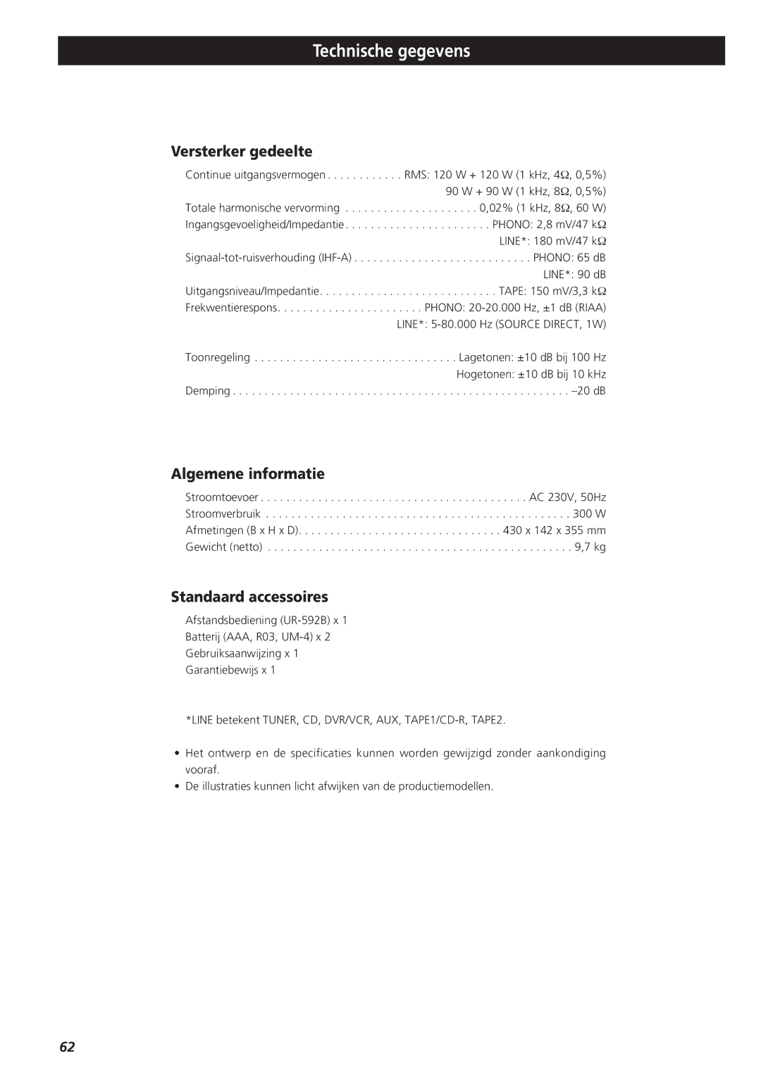 Teac A-R610 owner manual Technische gegevens, Versterker gedeelte, Algemene informatie, Standaard accessoires 