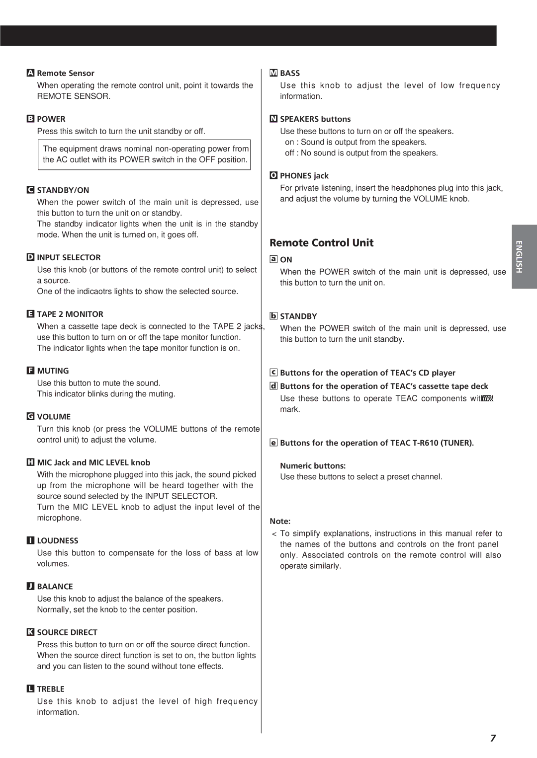 Teac A-R610 owner manual Remote Control Unit 