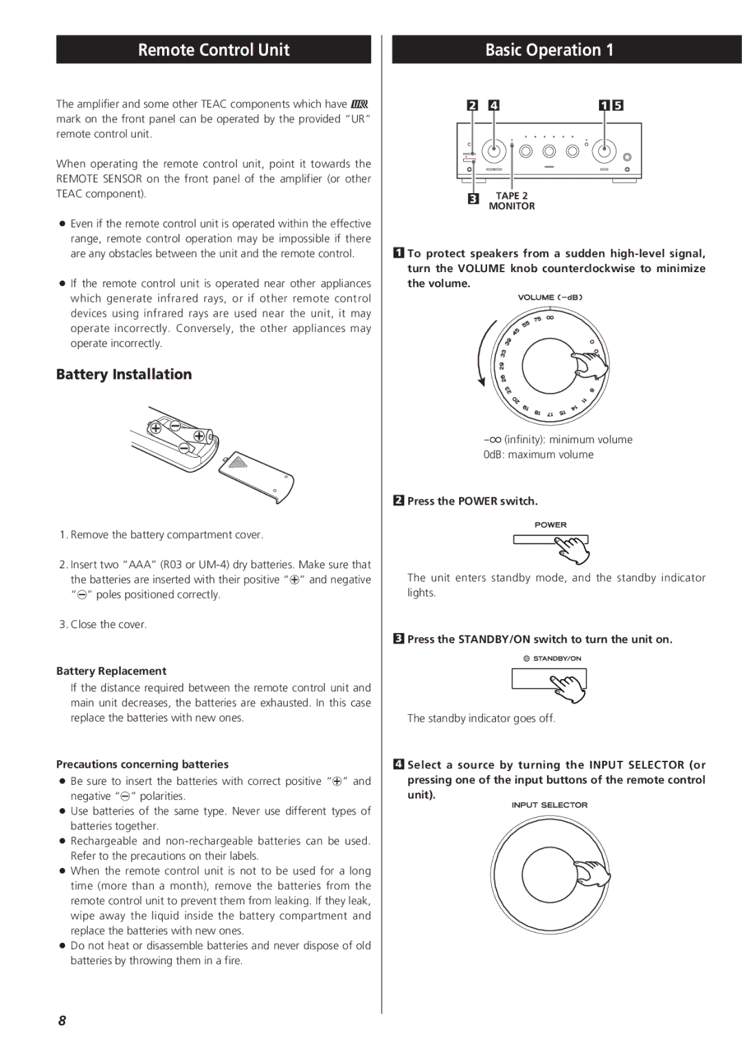 Teac A-R610 owner manual Remote Control Unit, Basic Operation, Battery Installation 